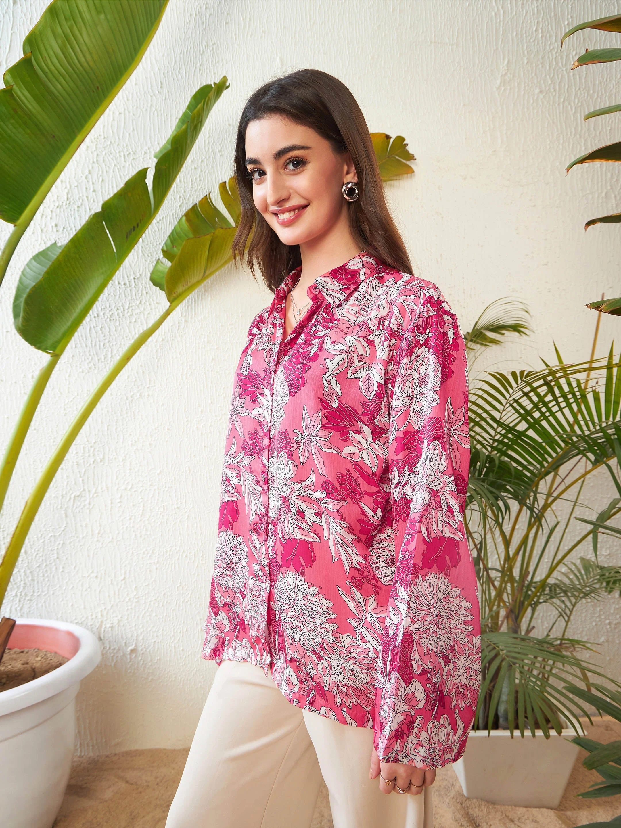 Women Pink Floral Oversized Shirt - Image 5