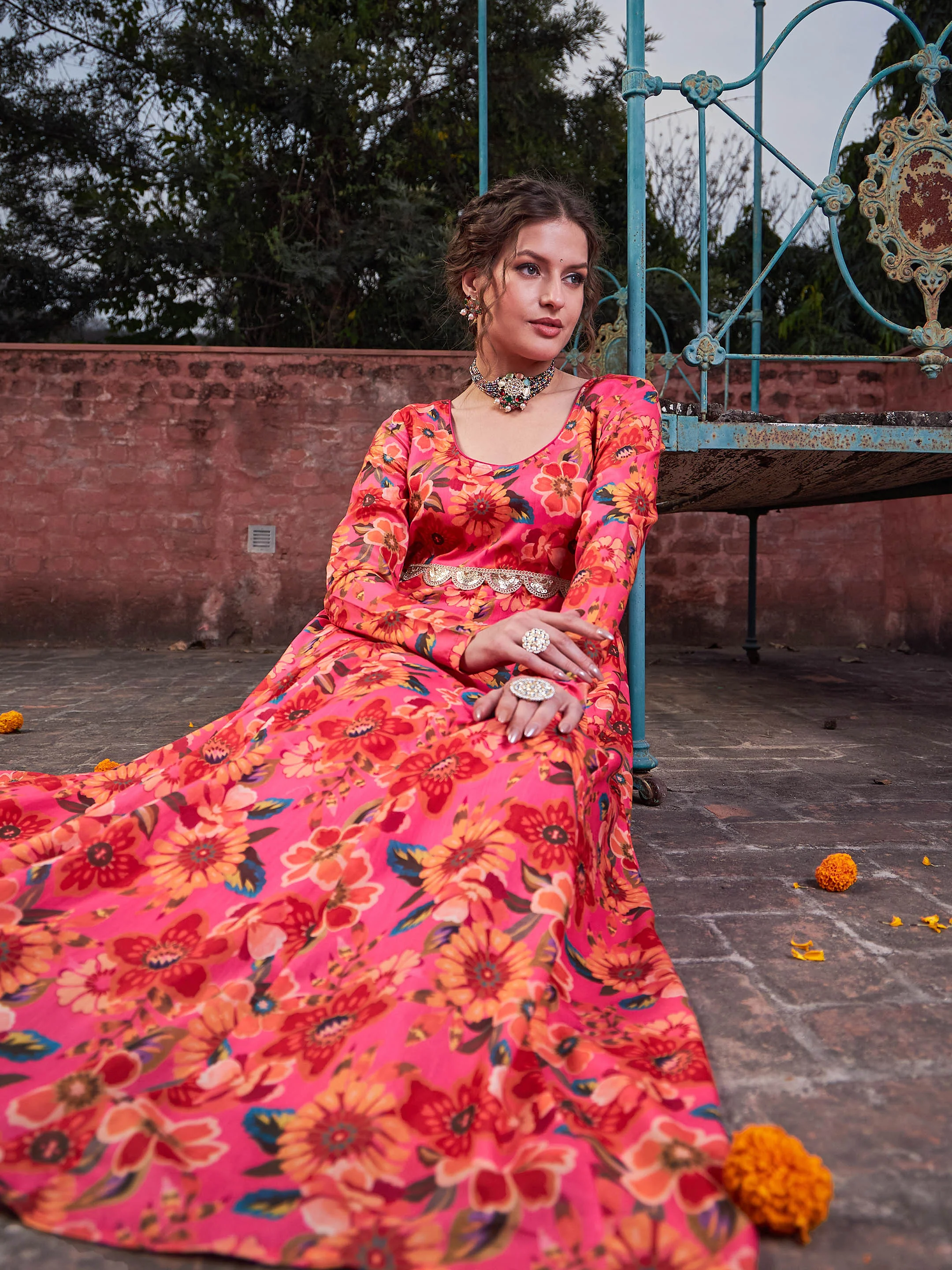 Women Pink Floral Poly Muslin Anrkali Kurta - Image 2