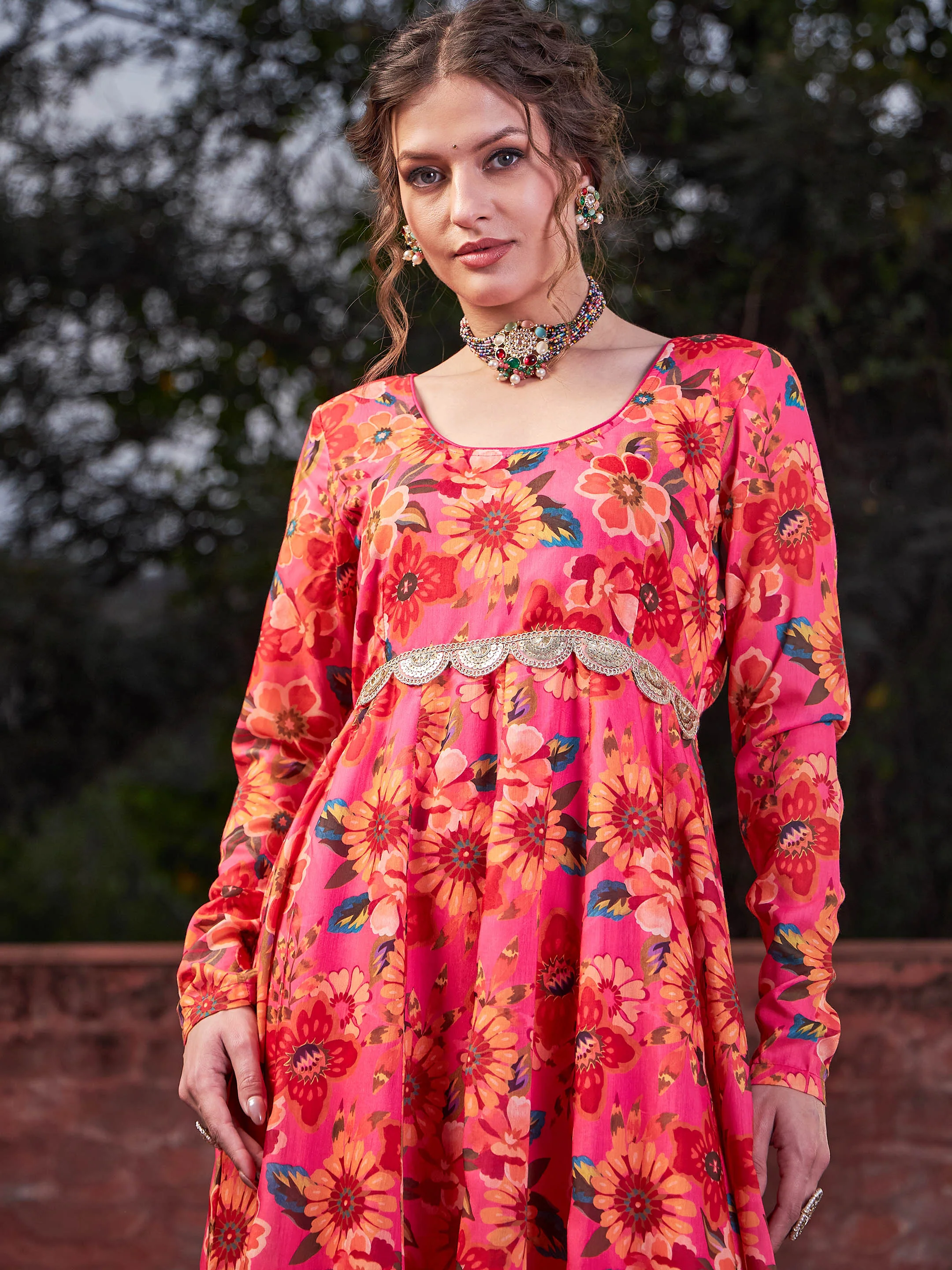 Women Pink Floral Poly Muslin Anrkali Kurta - Image 4