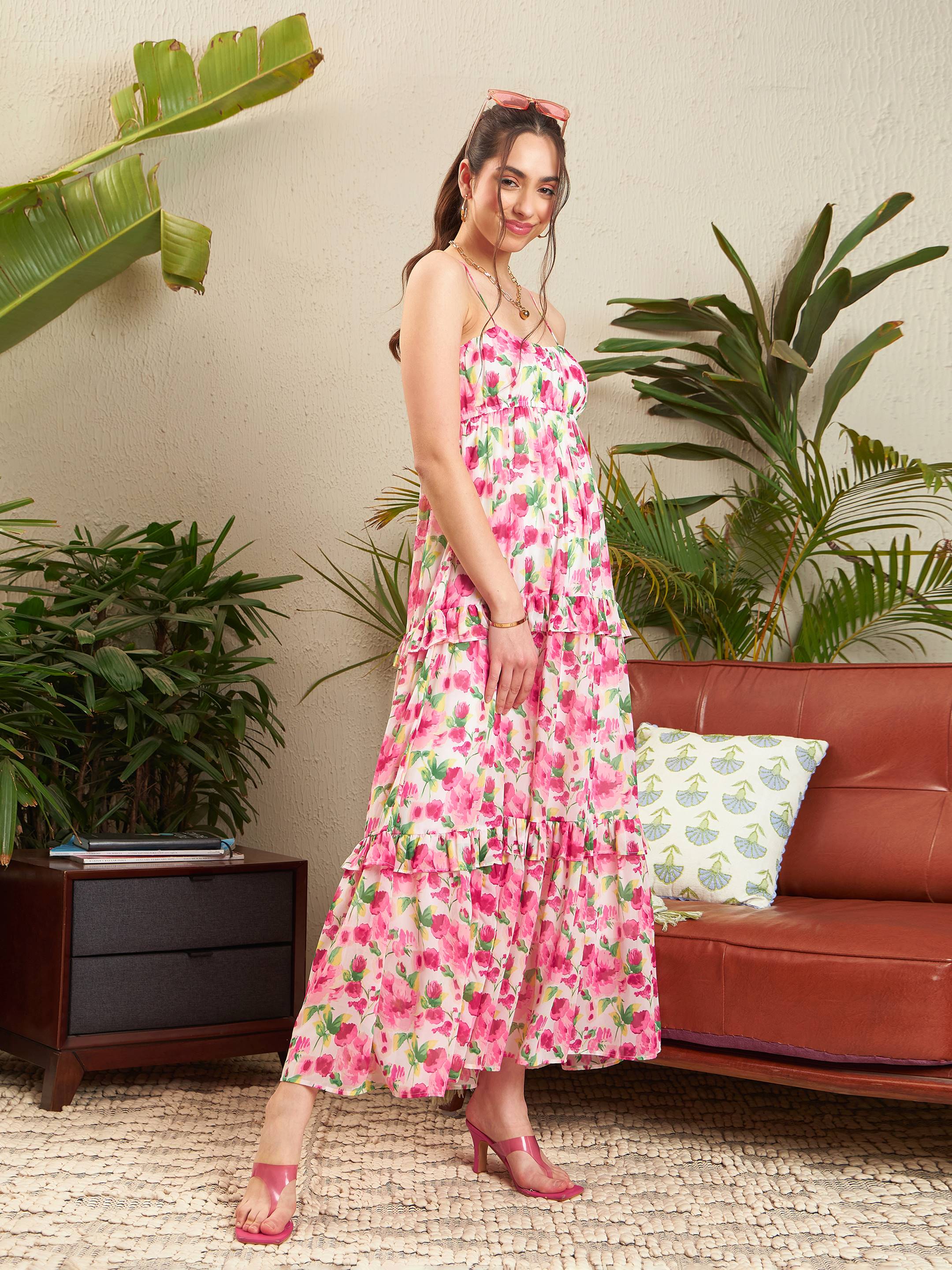 Women Pink Floral Strappy Ruflle Maxi Dress - Image 4