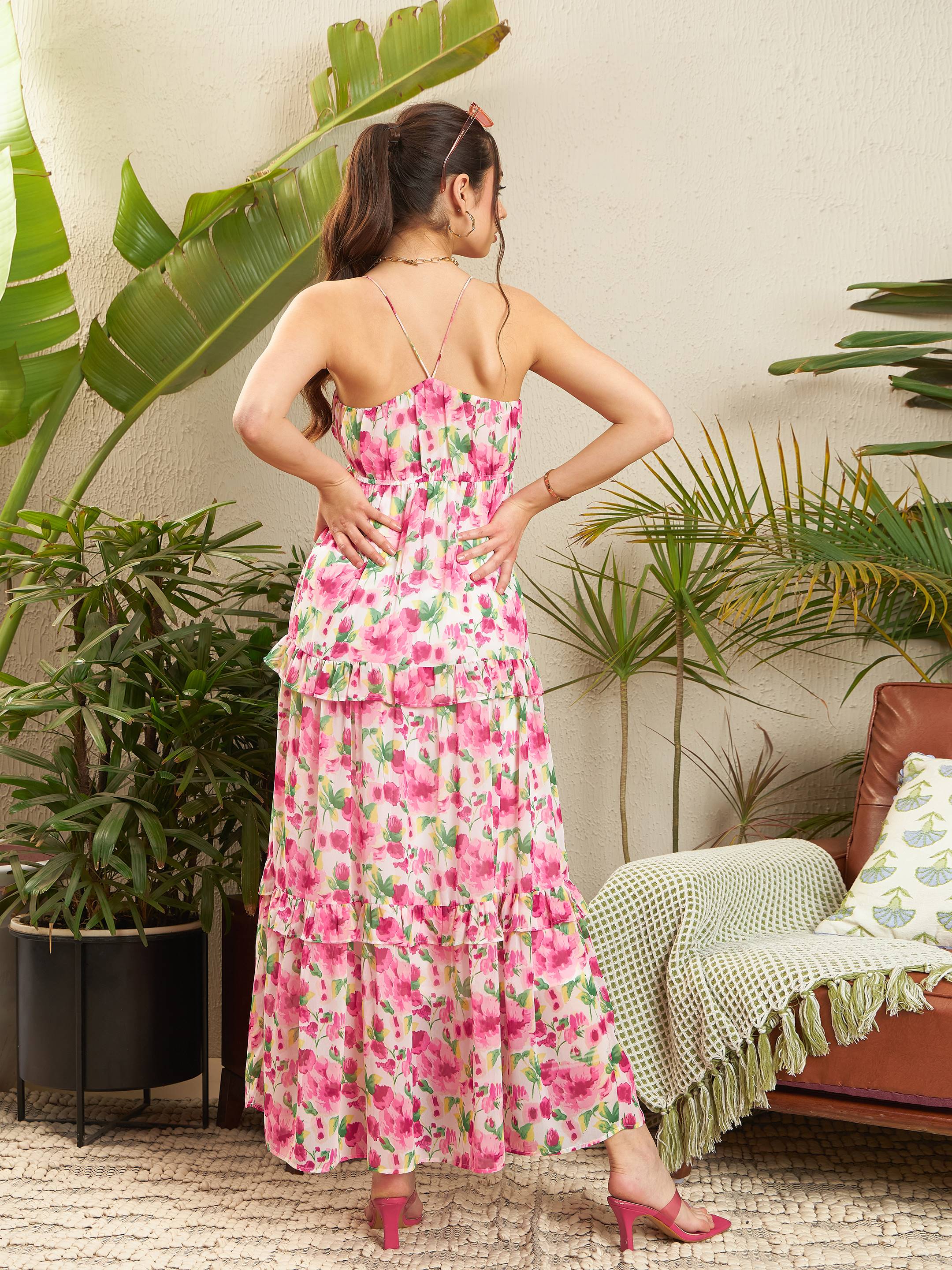 Women Pink Floral Strappy Ruflle Maxi Dress - Image 5
