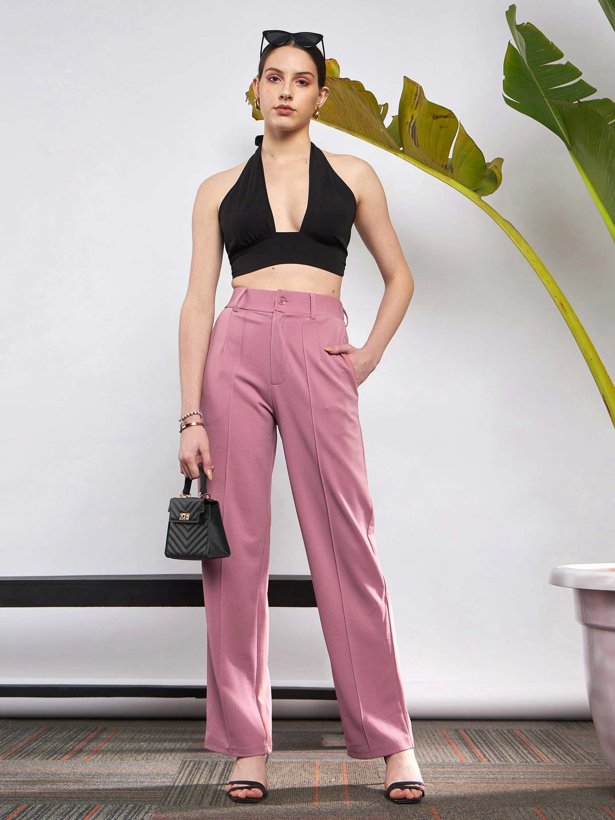 Women Pink Front Darted Knitted Straight Pants - Image 2