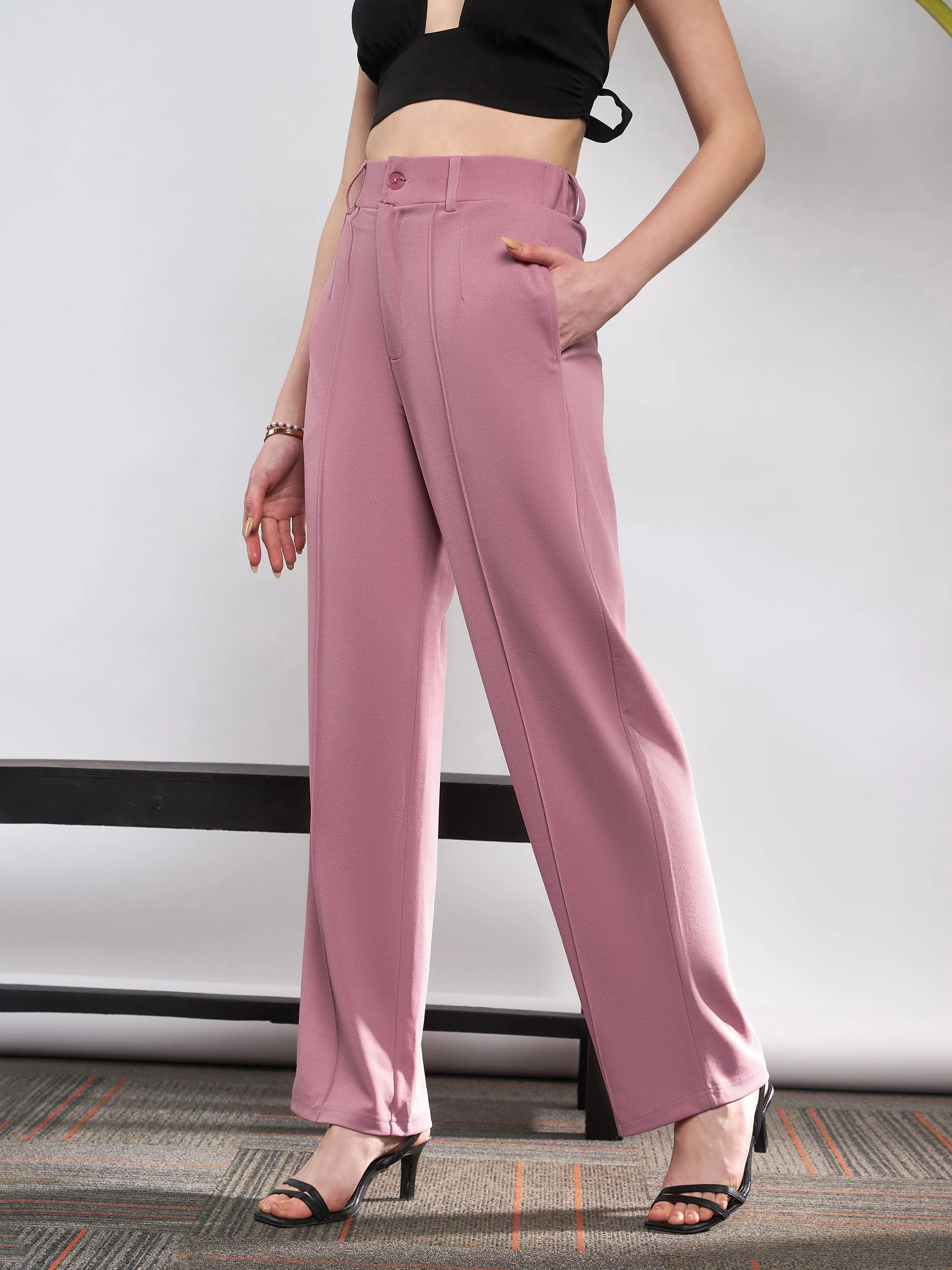 Women Pink Front Darted Knitted Straight Pants - Image 3