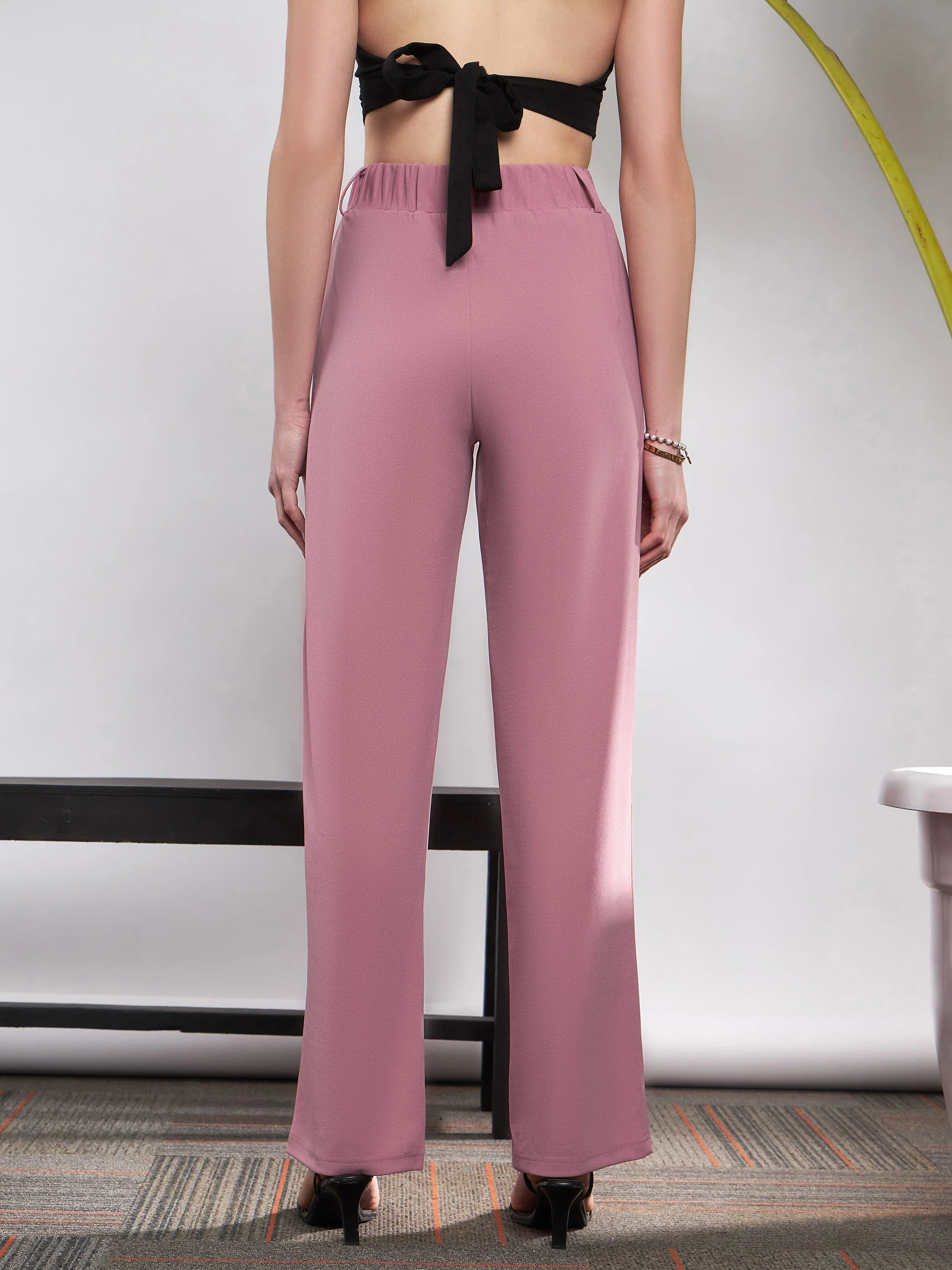 Women Pink Front Darted Knitted Straight Pants - Image 5