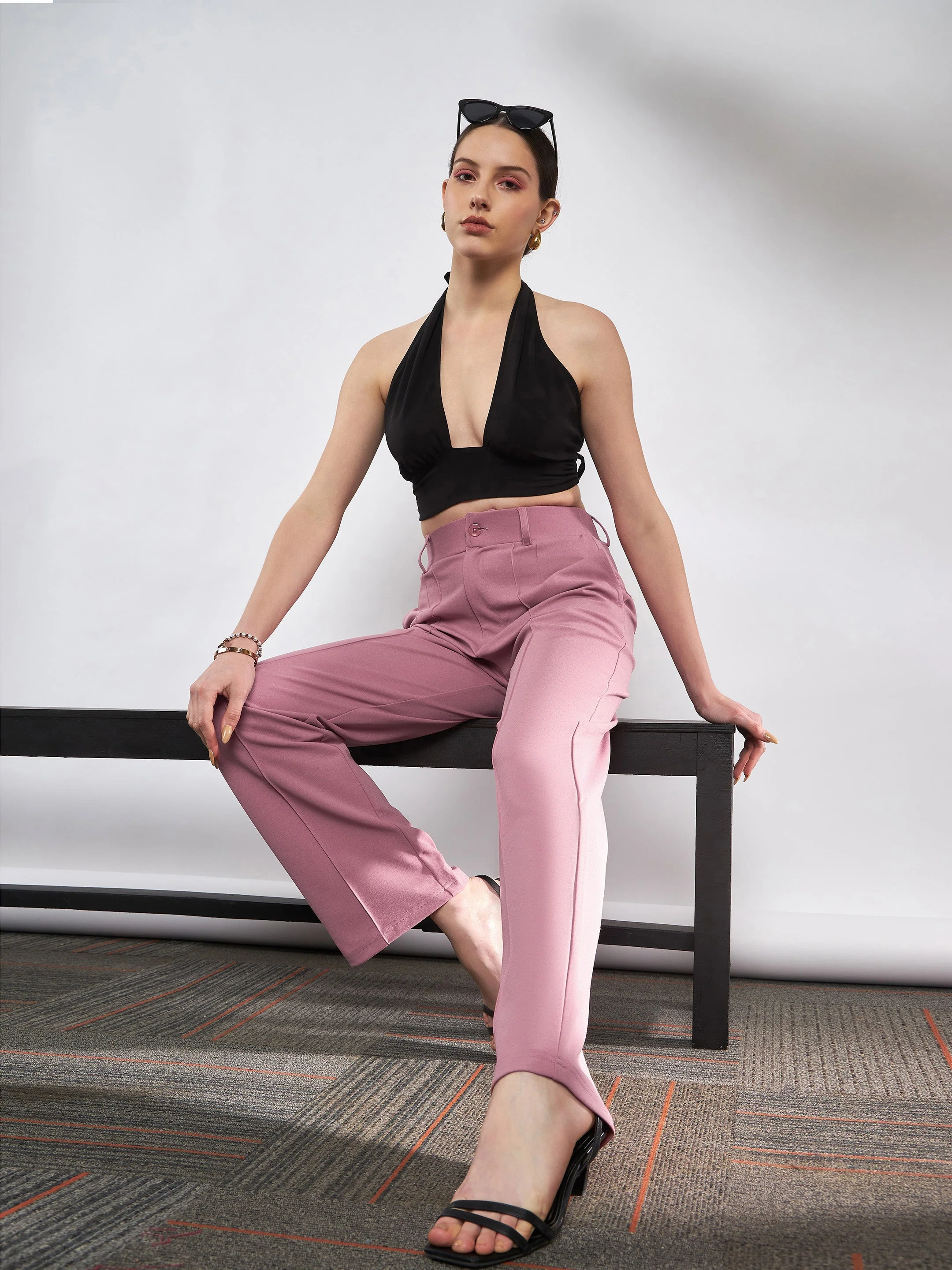 Women Pink Front Darted Knitted Straight Pants - Image 6