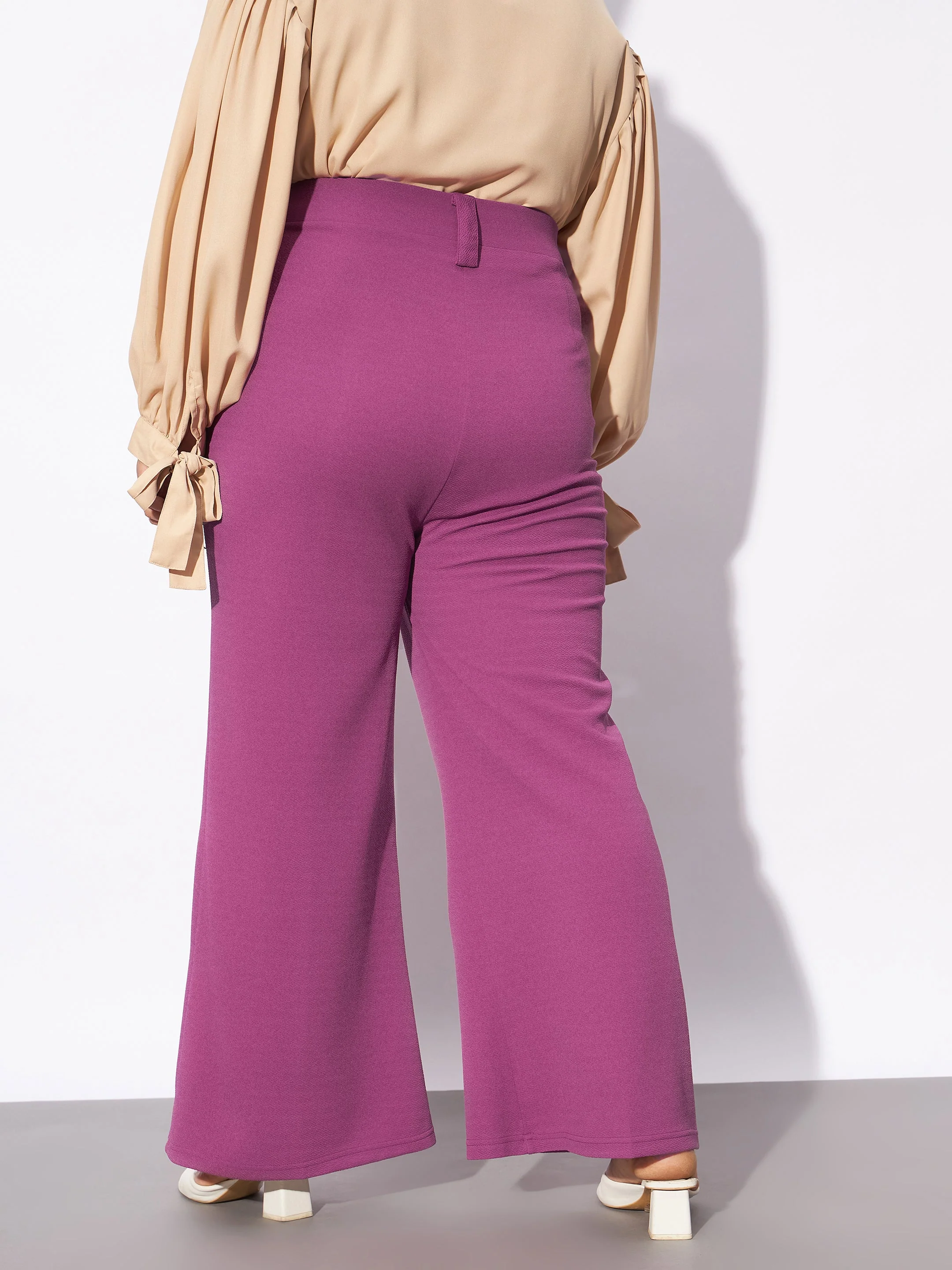 Women Pink Front Loop Detail Bell Bottom Pants - Image 5