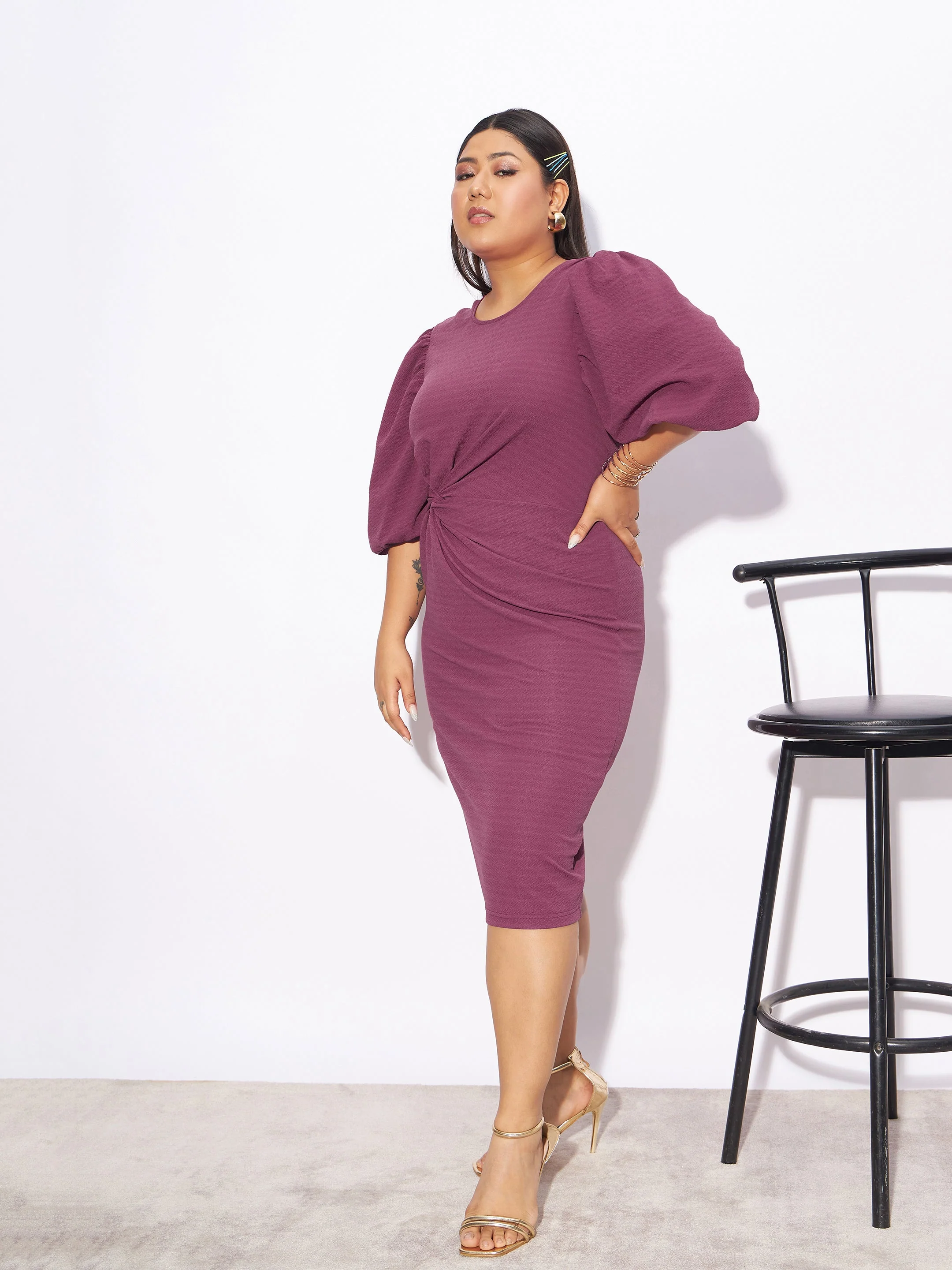 Women Pink Front Twisted Knot Bodycon Dress - Image 3