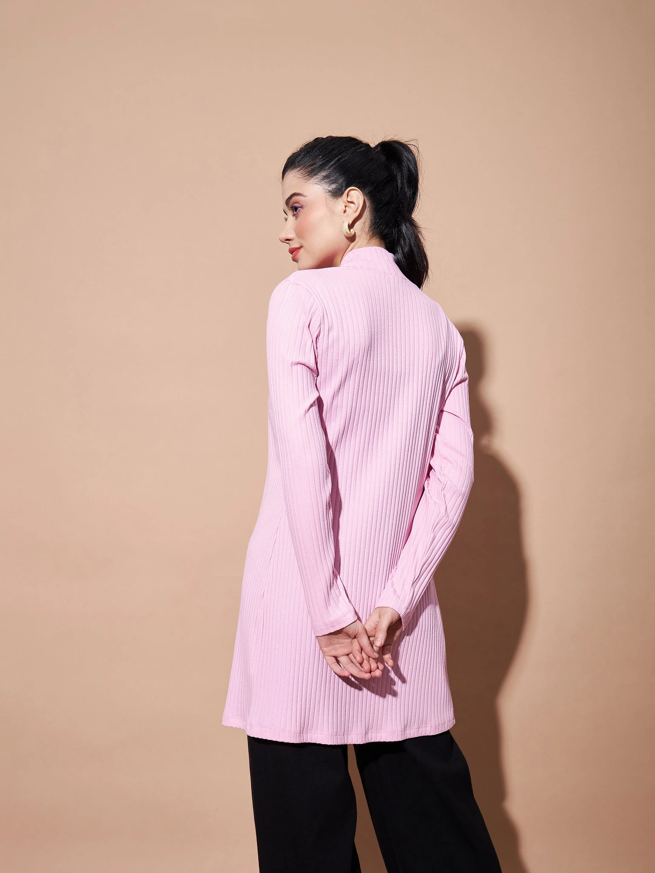 Women Pink Full Sleeves Rib Shrug - Image 2