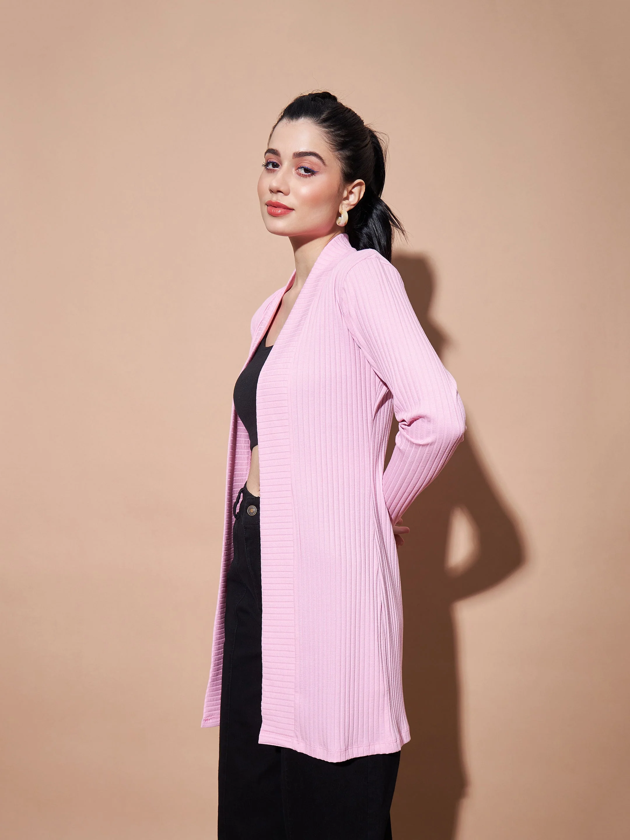 Women Pink Full Sleeves Rib Shrug - Image 4