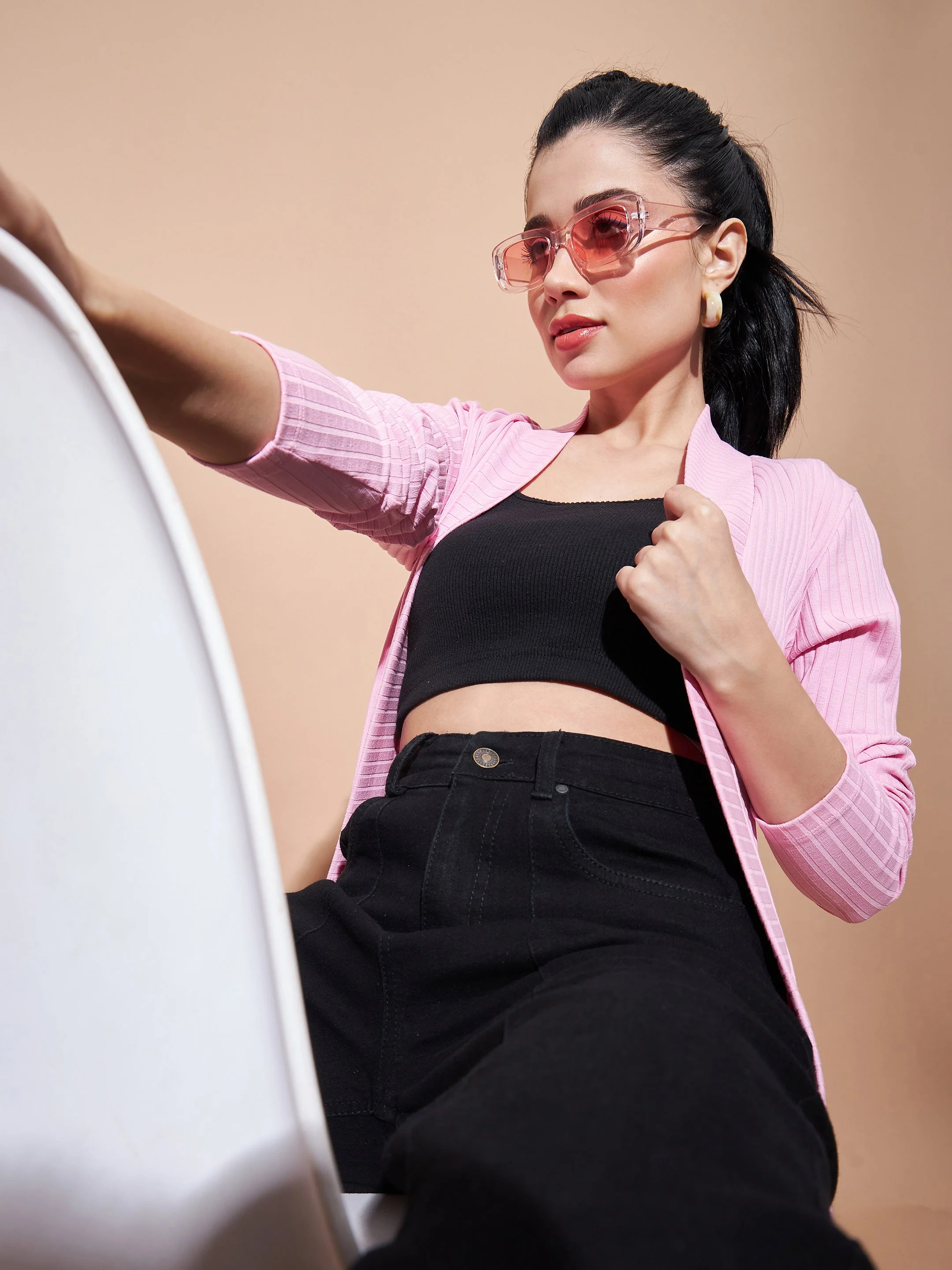 Women Pink Full Sleeves Rib Shrug - Image 6