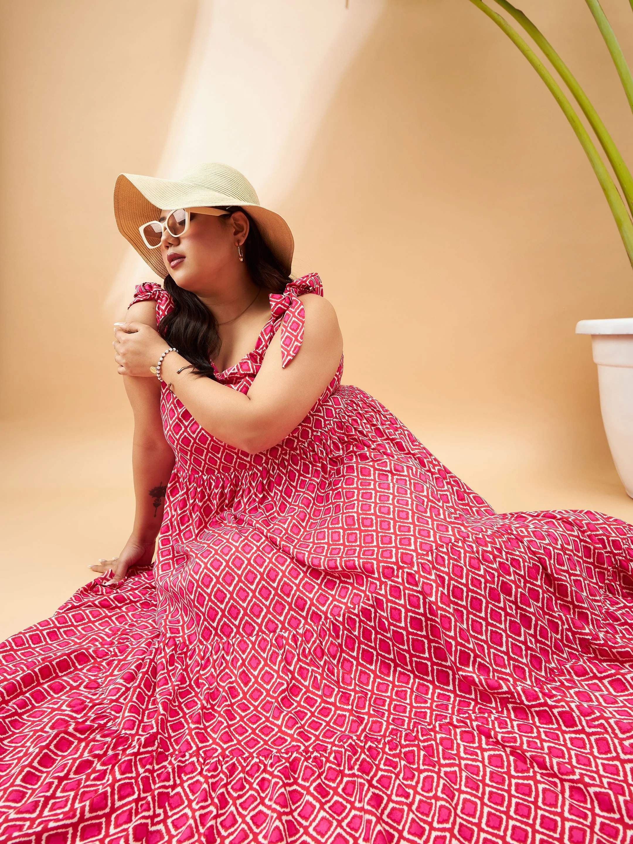 Women Pink Geometric Tie Up Tiered Dress - Image 3