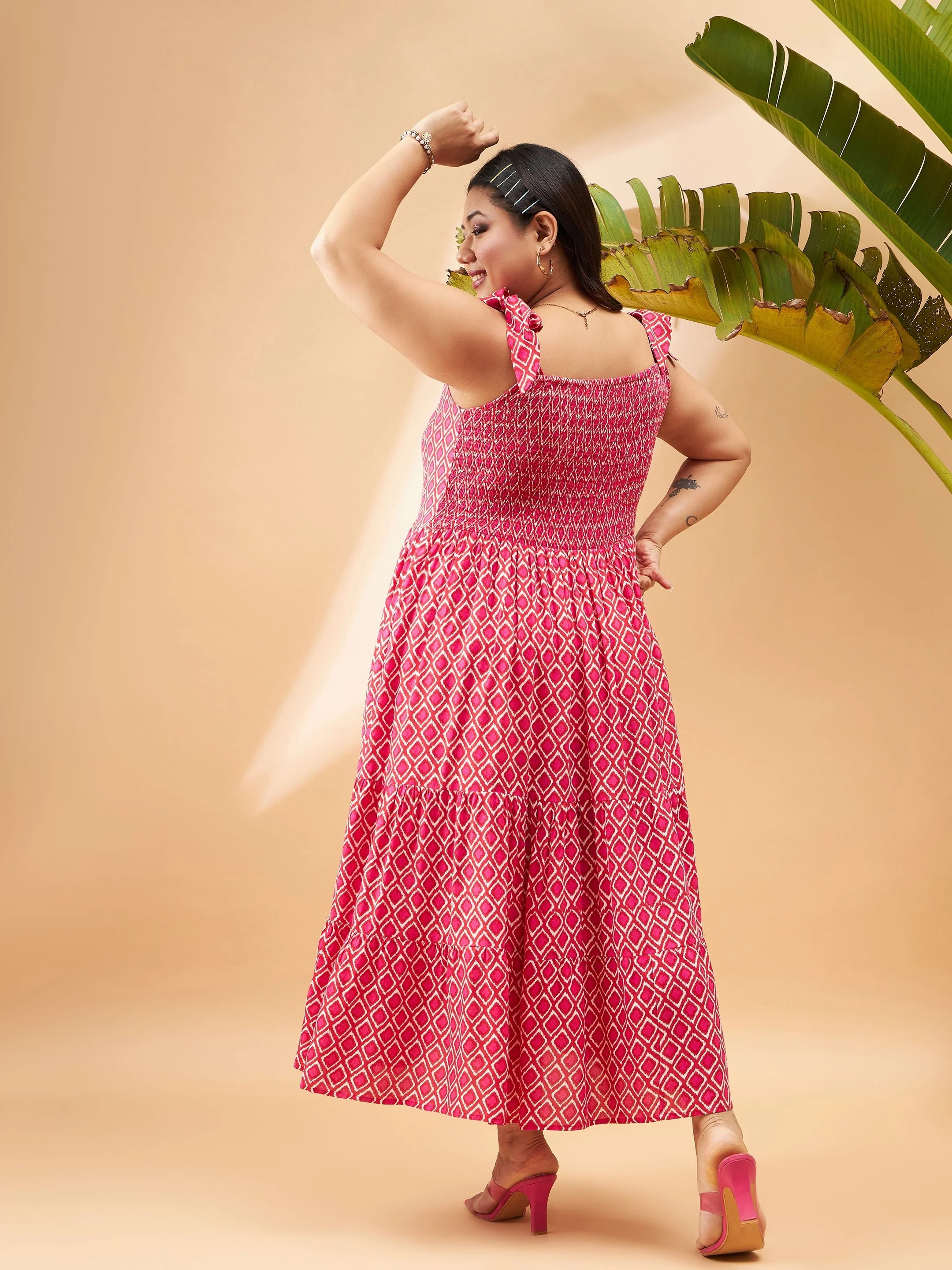 Women Pink Geometric Tie Up Tiered Dress - Image 5