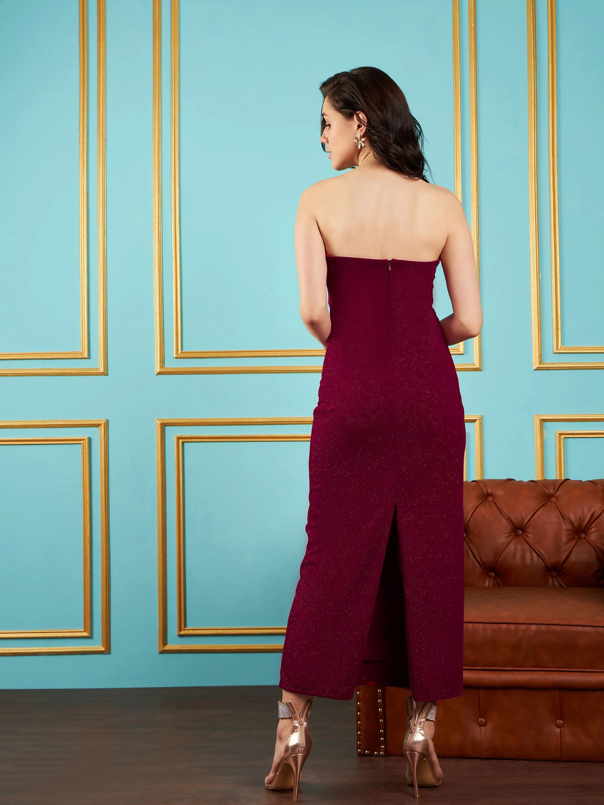 Women Pink Glitter Corset Maxi Dress - Image 5