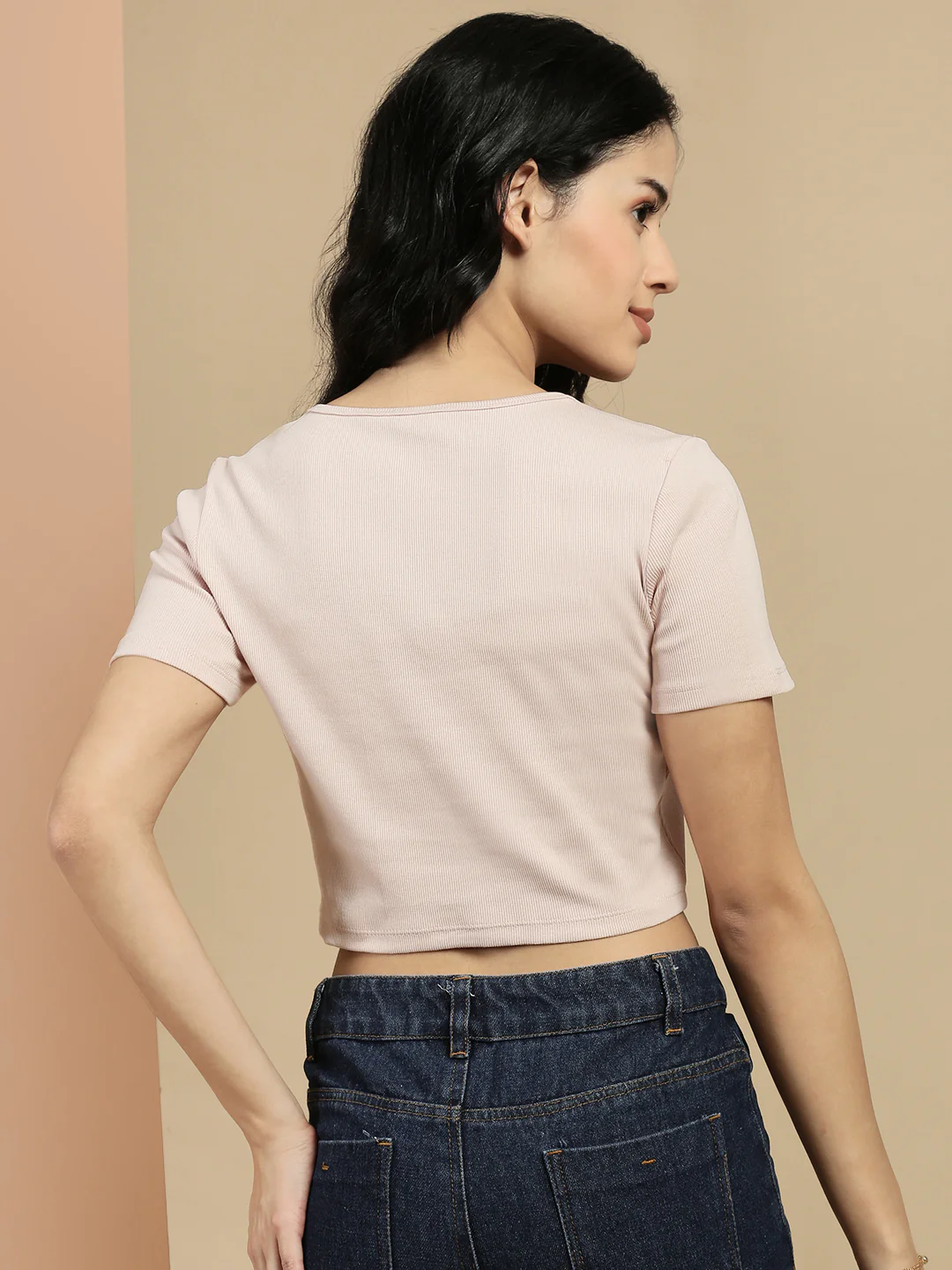 Women Pink Half Sleeve Crop Top - Image 3