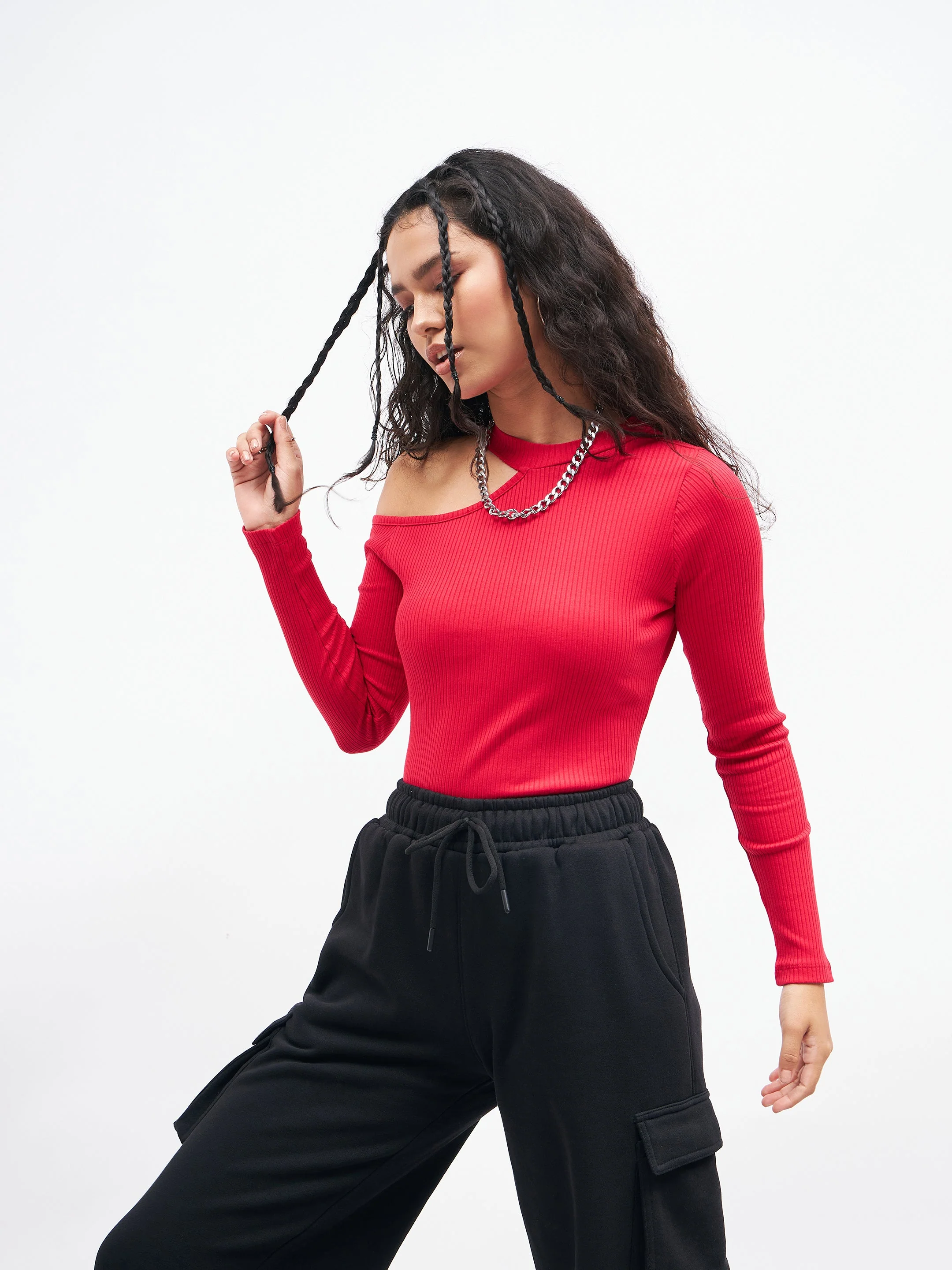 Women Pink High Neck Shoulder Cut Out Rib Top - Image 3