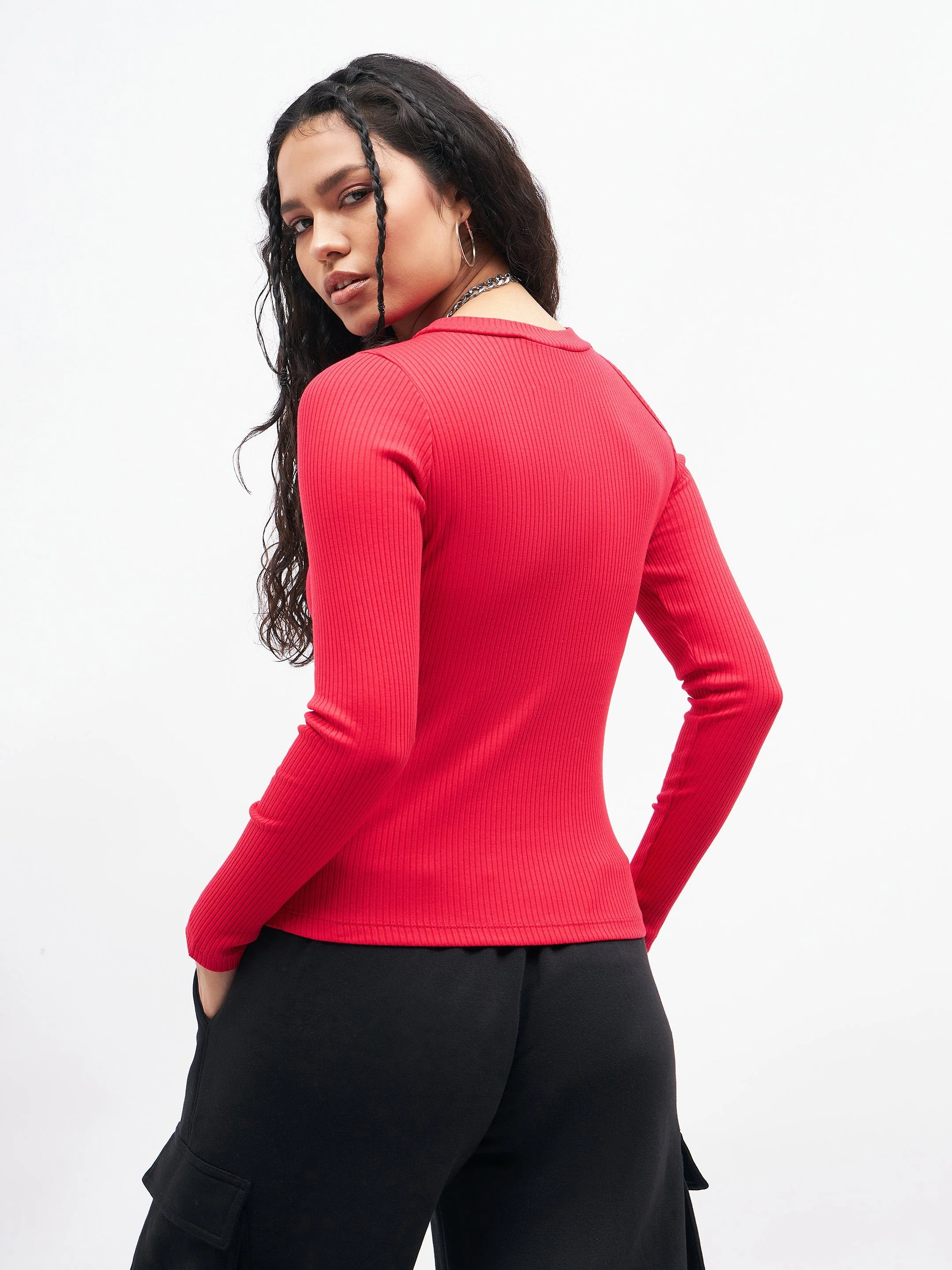 Women Pink High Neck Shoulder Cut Out Rib Top - Image 5