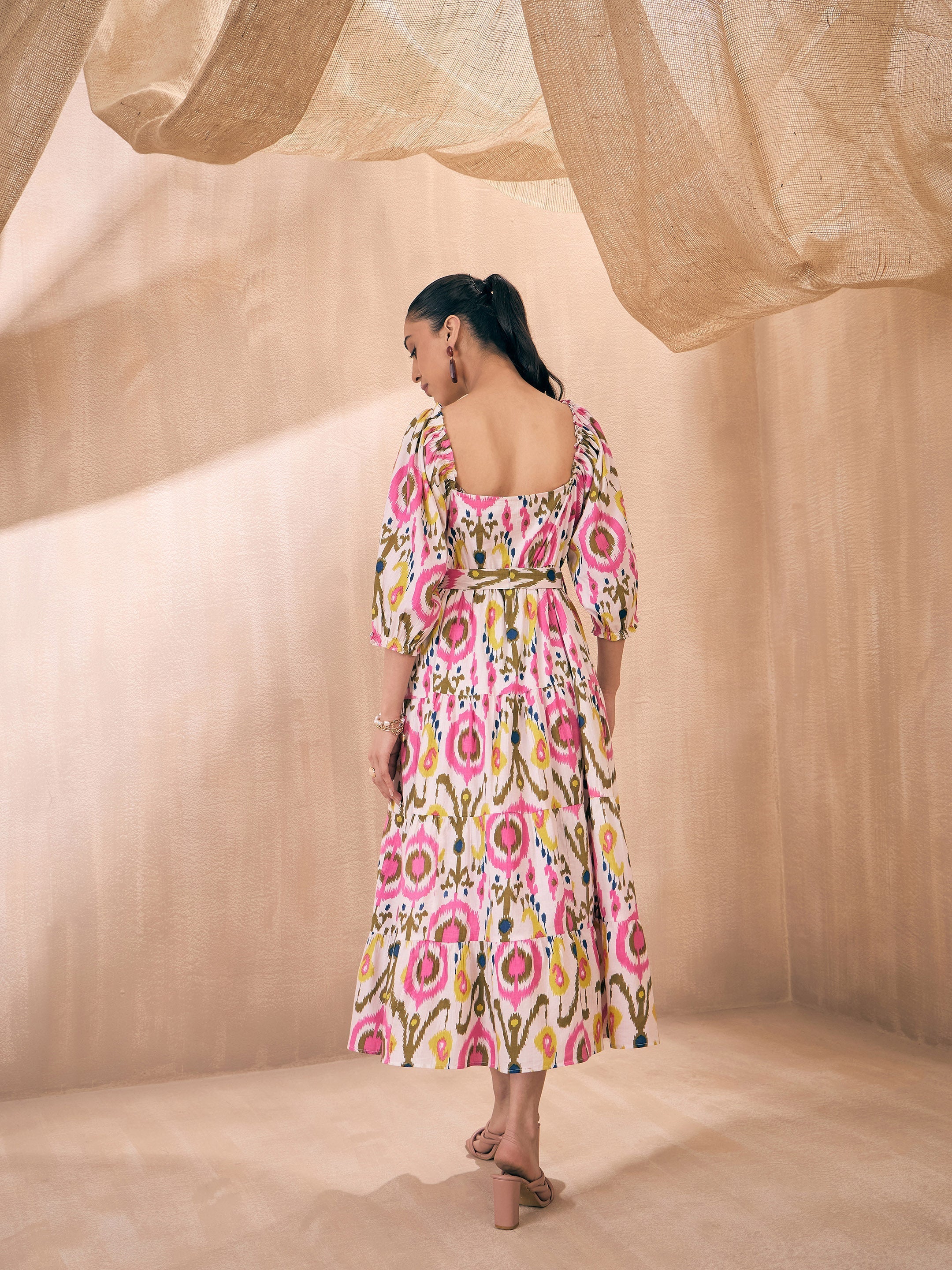 Women Pink Ikat Front Button Self Belt Tiered Midi Dress - Image 2