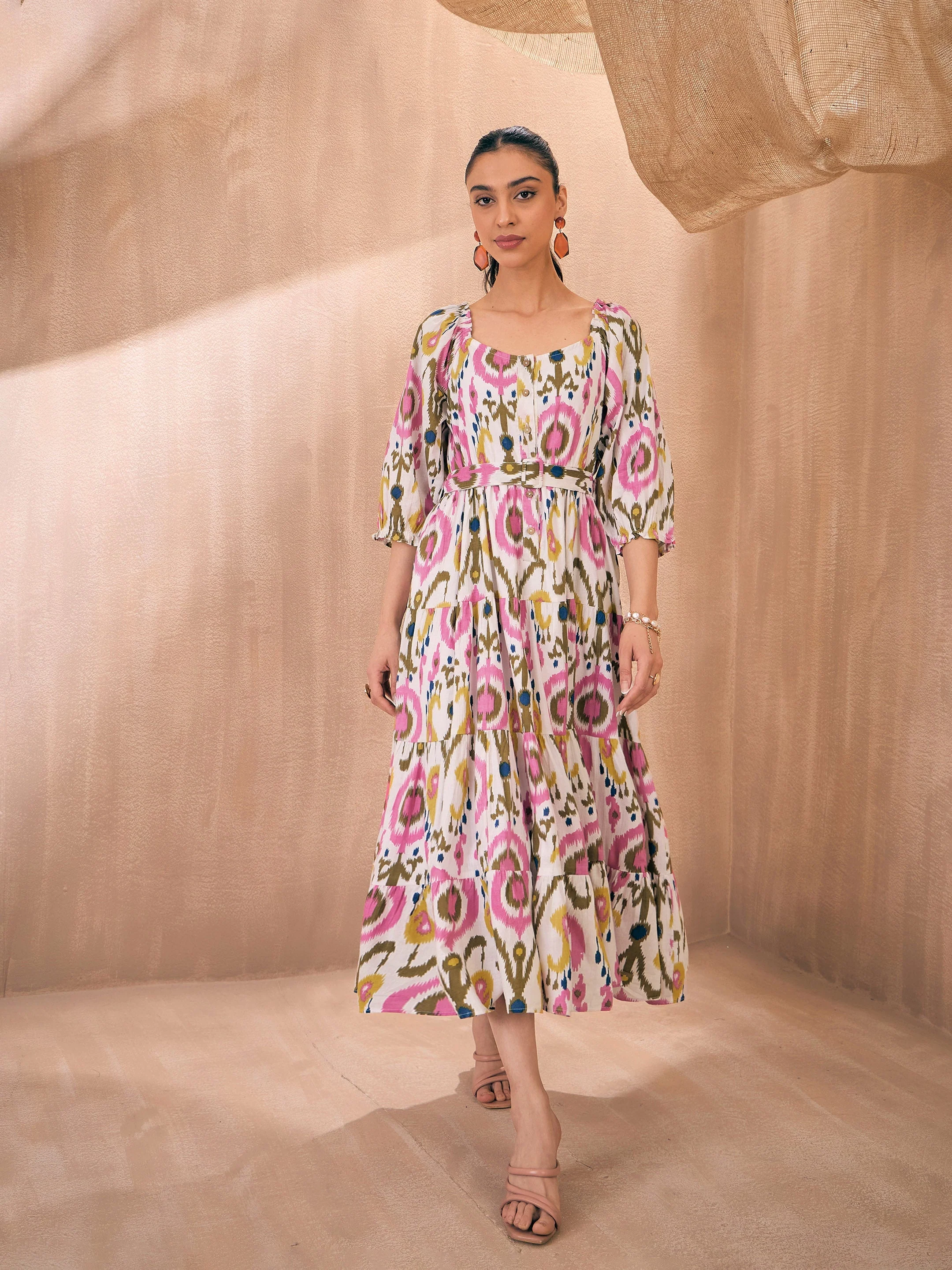 Women Pink Ikat Front Button Self Belt Tiered Midi Dress - Image 4