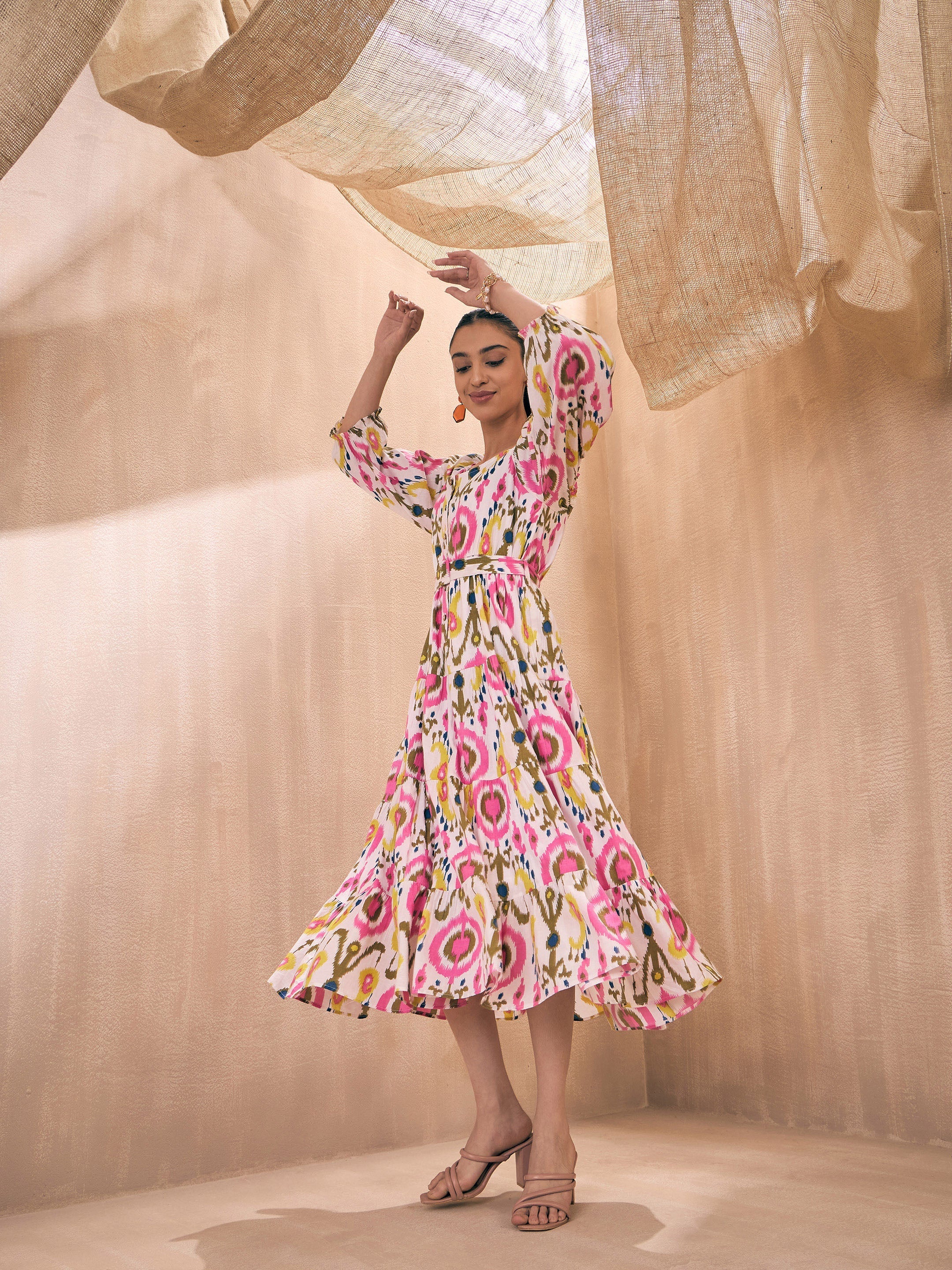 Women Pink Ikat Front Button Self Belt Tiered Midi Dress - Image 5