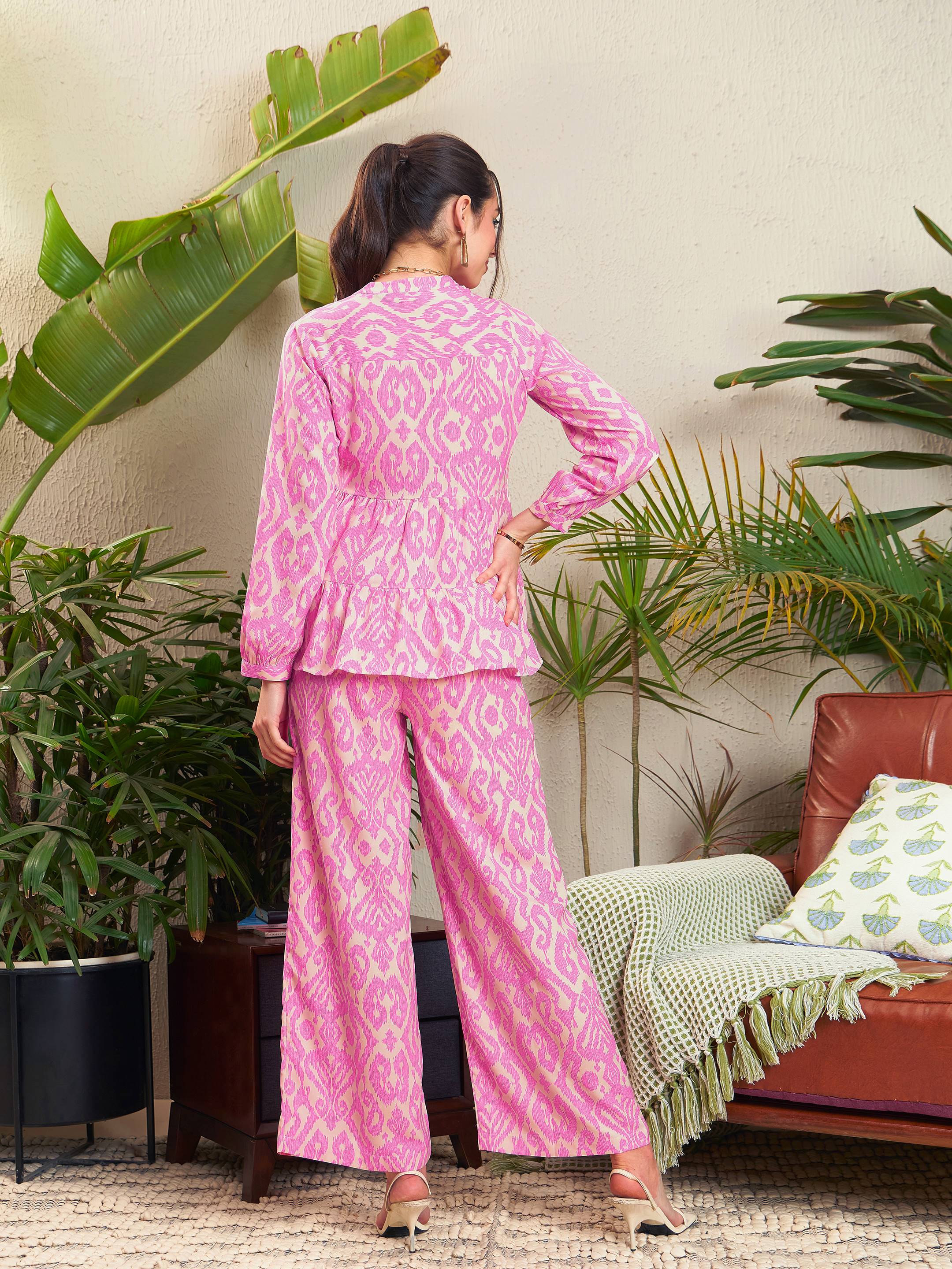 Women Pink Ikat Tiered Shirt With Palazzo Pants - Image 2