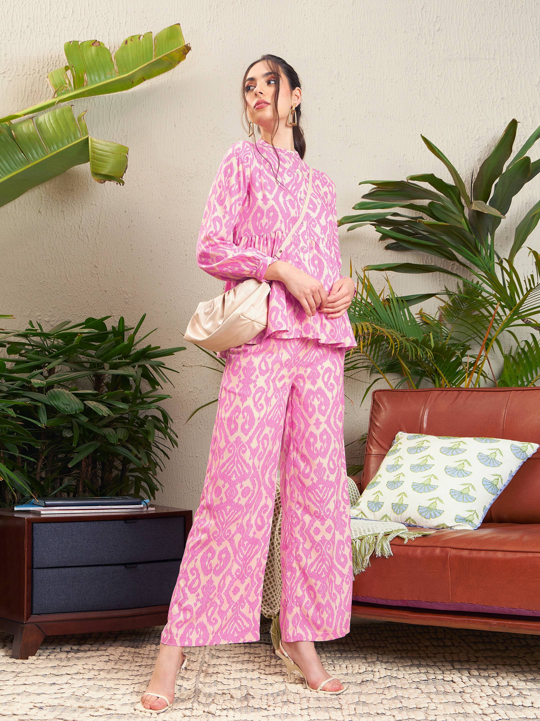 Women Pink Ikat Tiered Shirt With Palazzo Pants - Image 5
