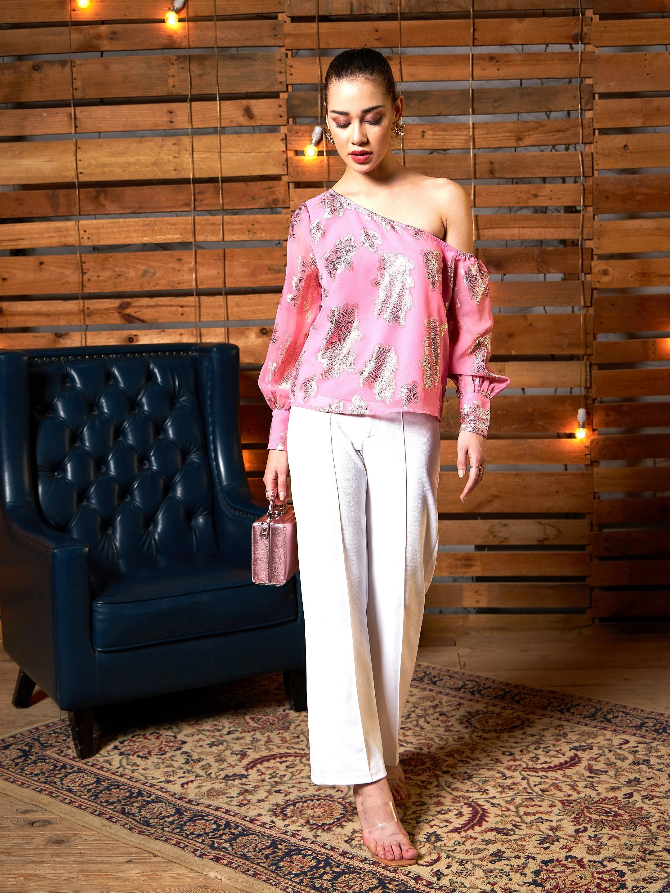 Women Pink Jacquard One Shoulder Top - Image 2