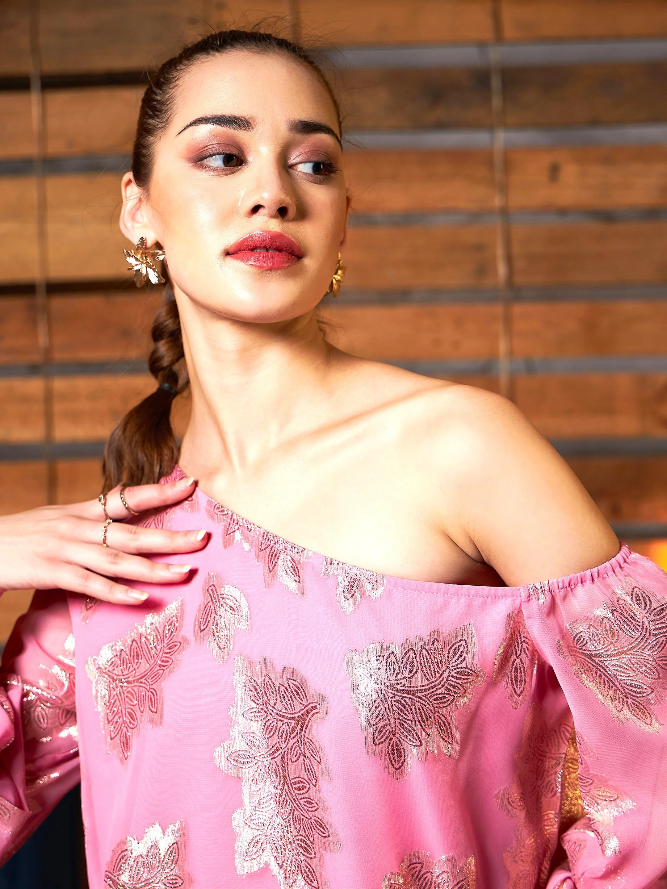 Women Pink Jacquard One Shoulder Top - Image 4