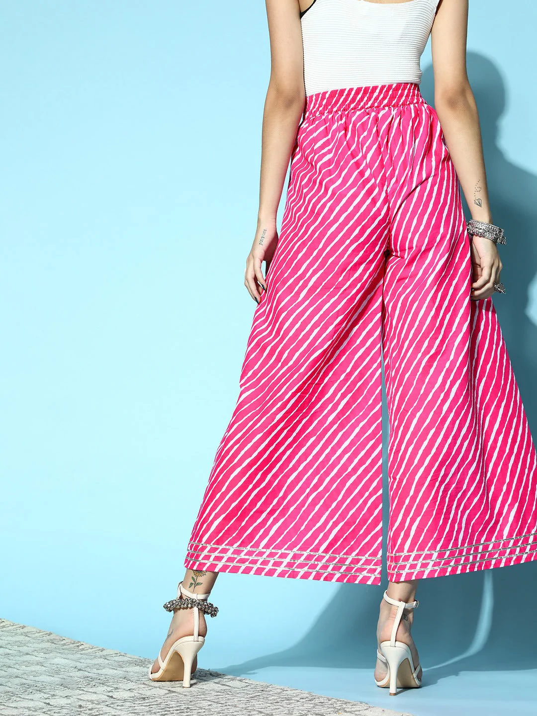 Women Pink Lehariya Ankle Length Palazzo Pants - Image 4