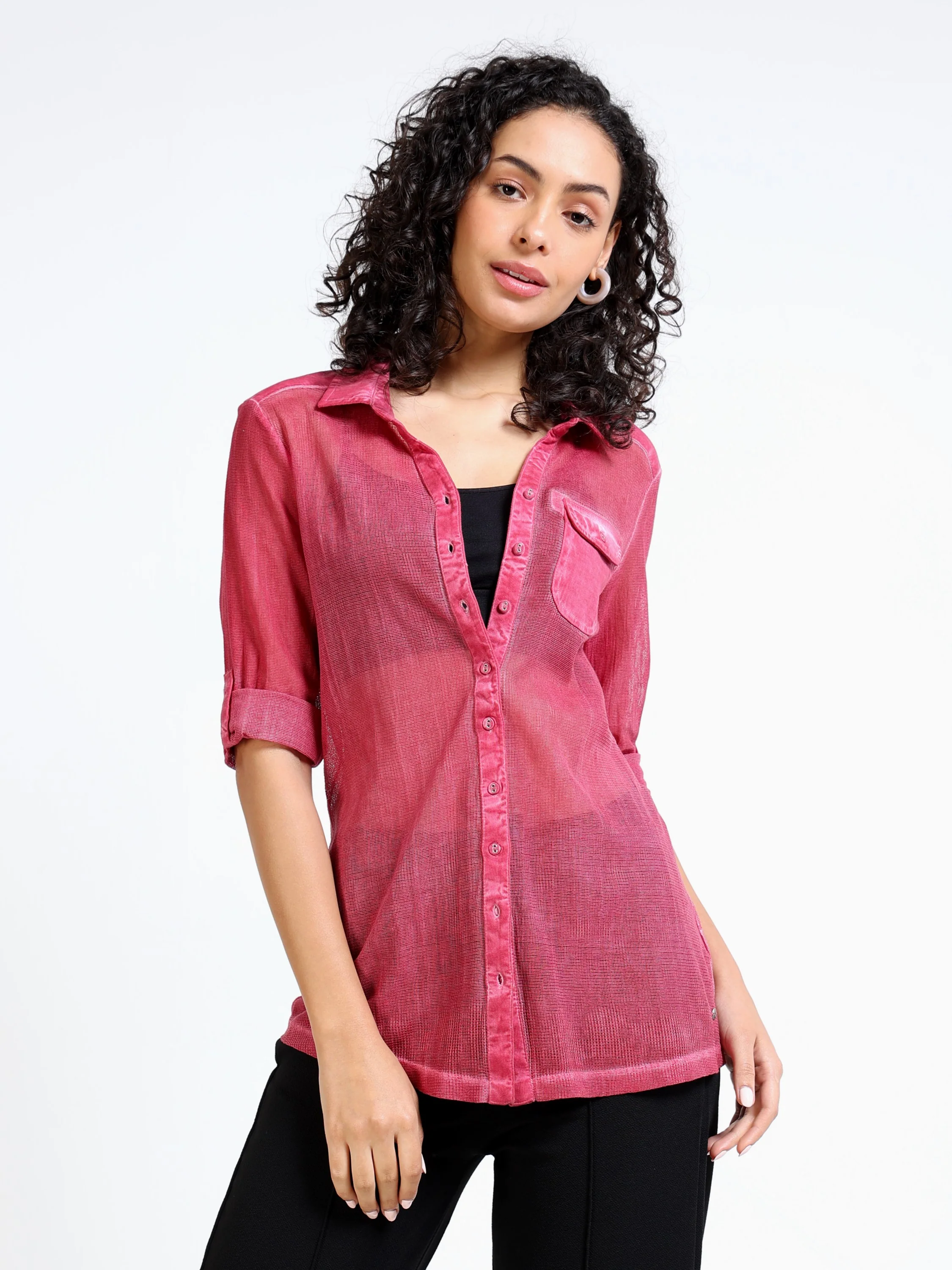 Women Pink Mesh Regular Shirt - Image 3
