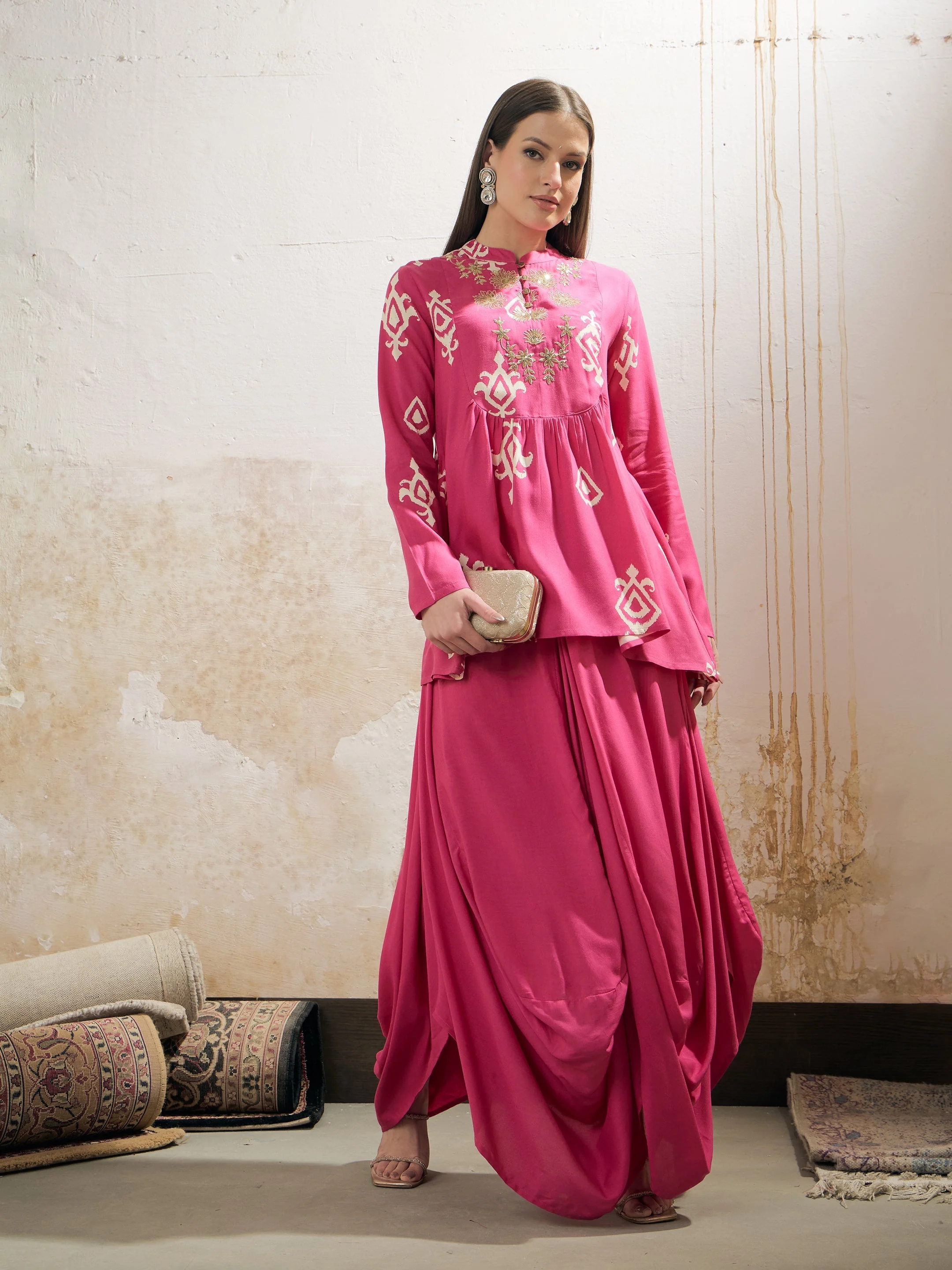 Women Pink Motif Embroidered Rayon Peplum Top With Solid Dhoti Skirt - Image 2
