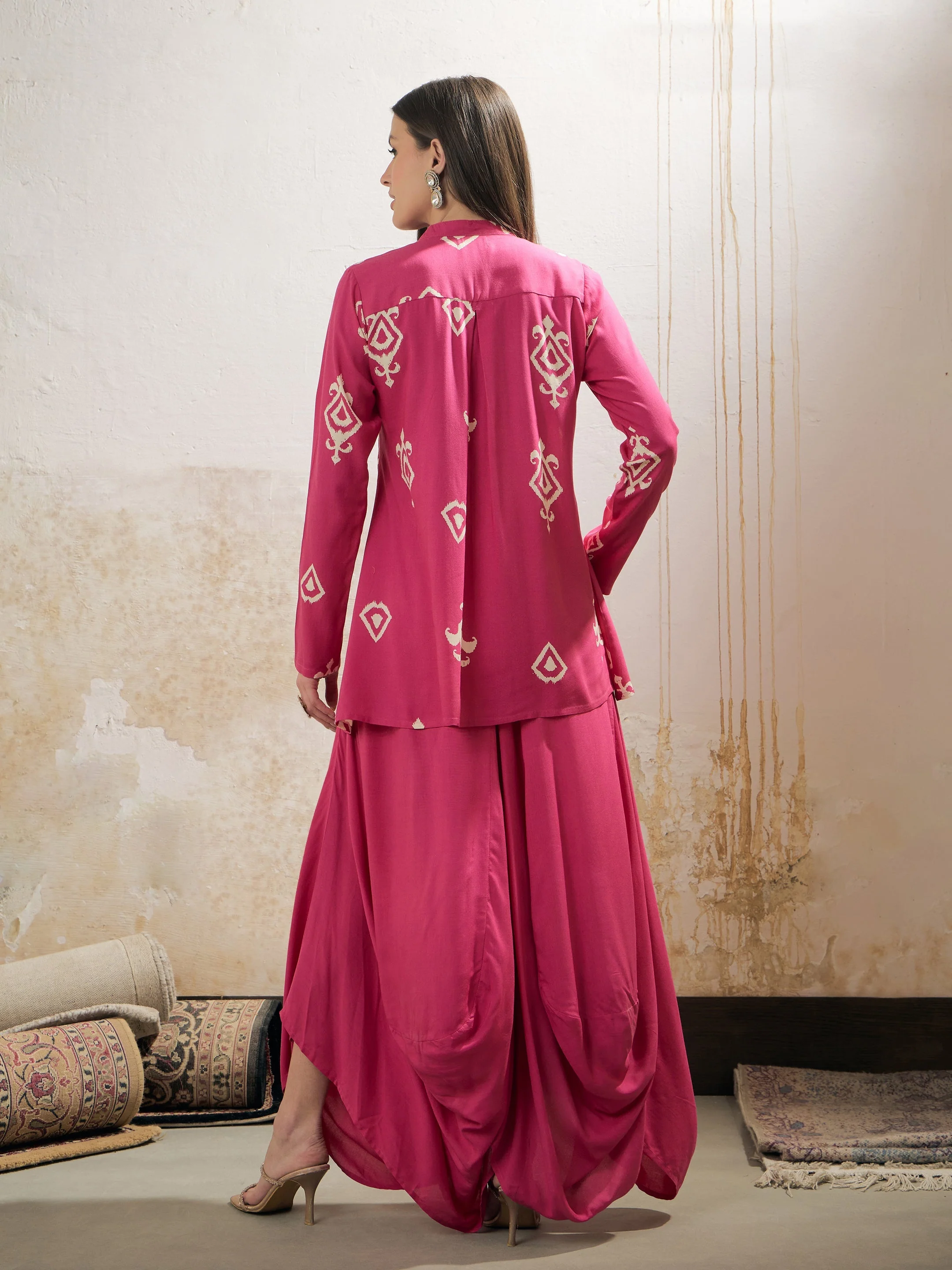 Women Pink Motif Embroidered Rayon Peplum Top With Solid Dhoti Skirt - Image 5