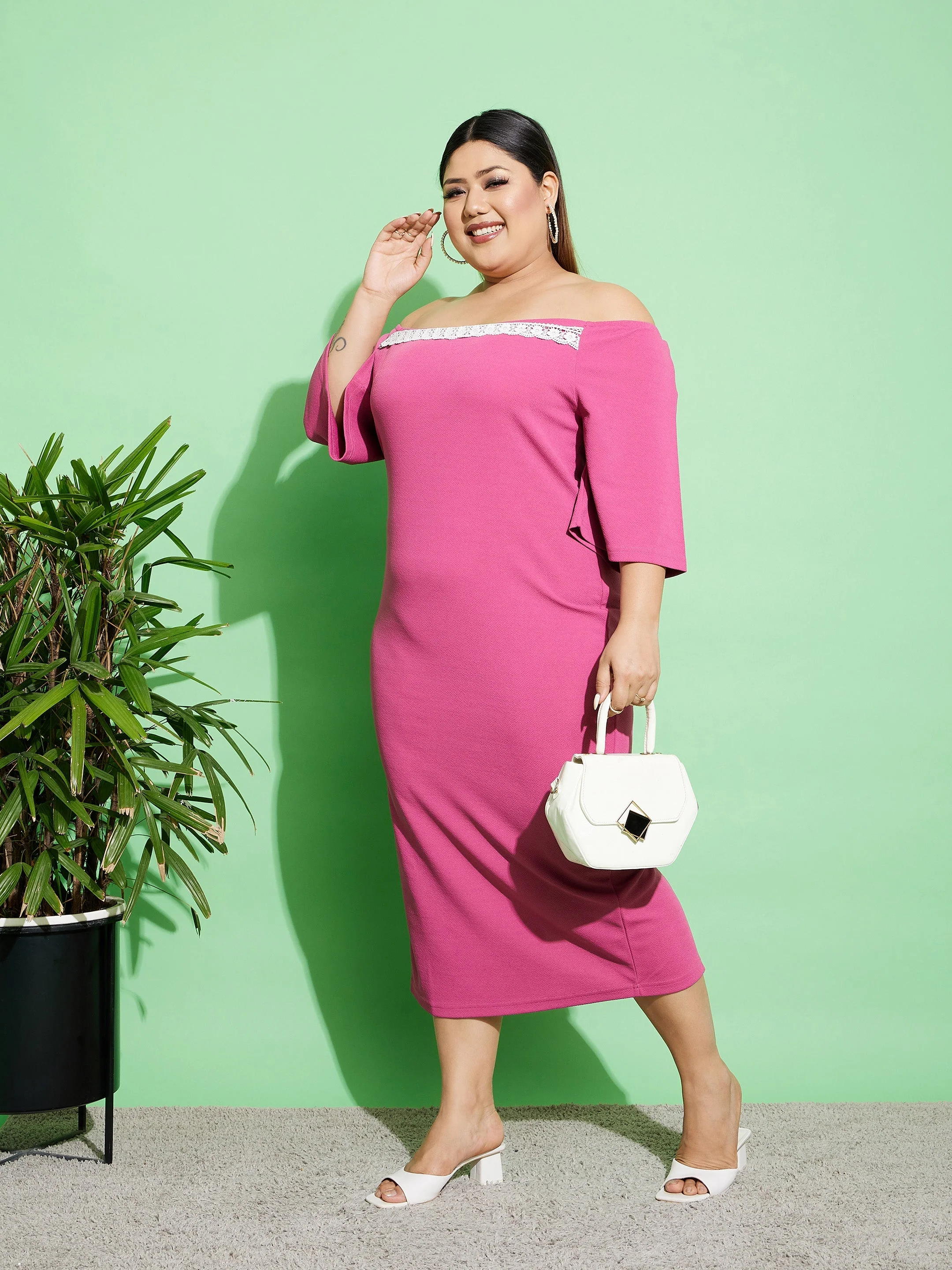 Women Pink Off Shoulder Bodycon Midi Dress - Image 2