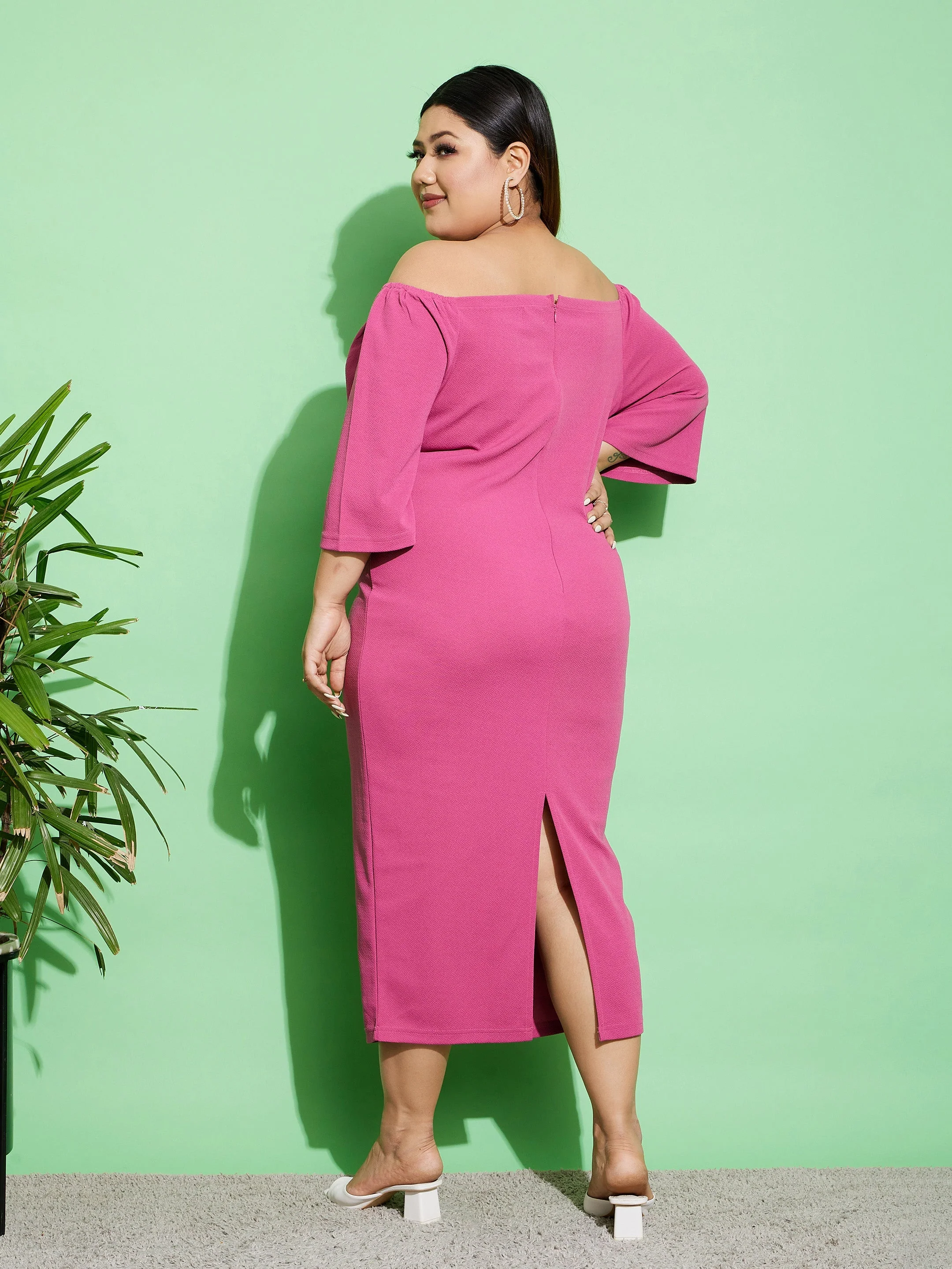 Women Pink Off Shoulder Bodycon Midi Dress - Image 5