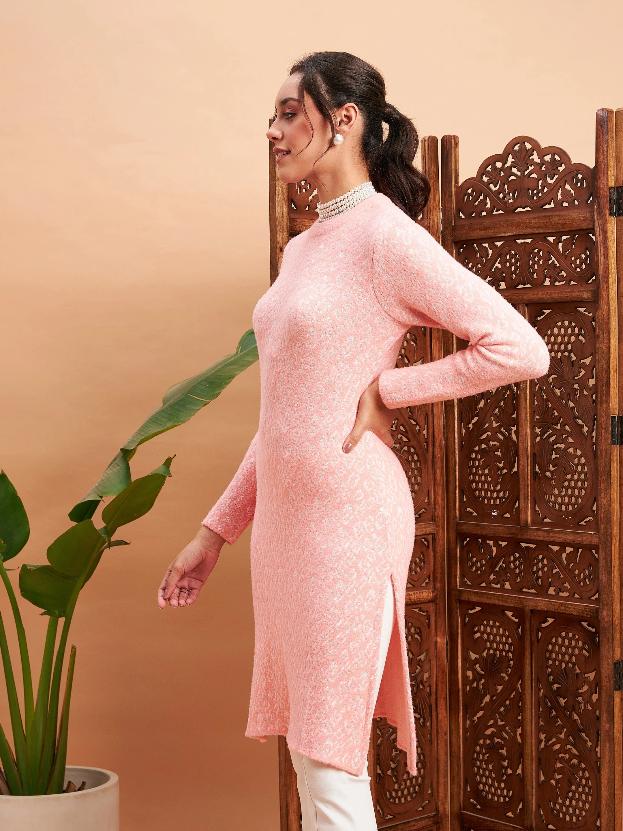 Women Pink & Off White Hair Wool Straight Kurta - Image 3