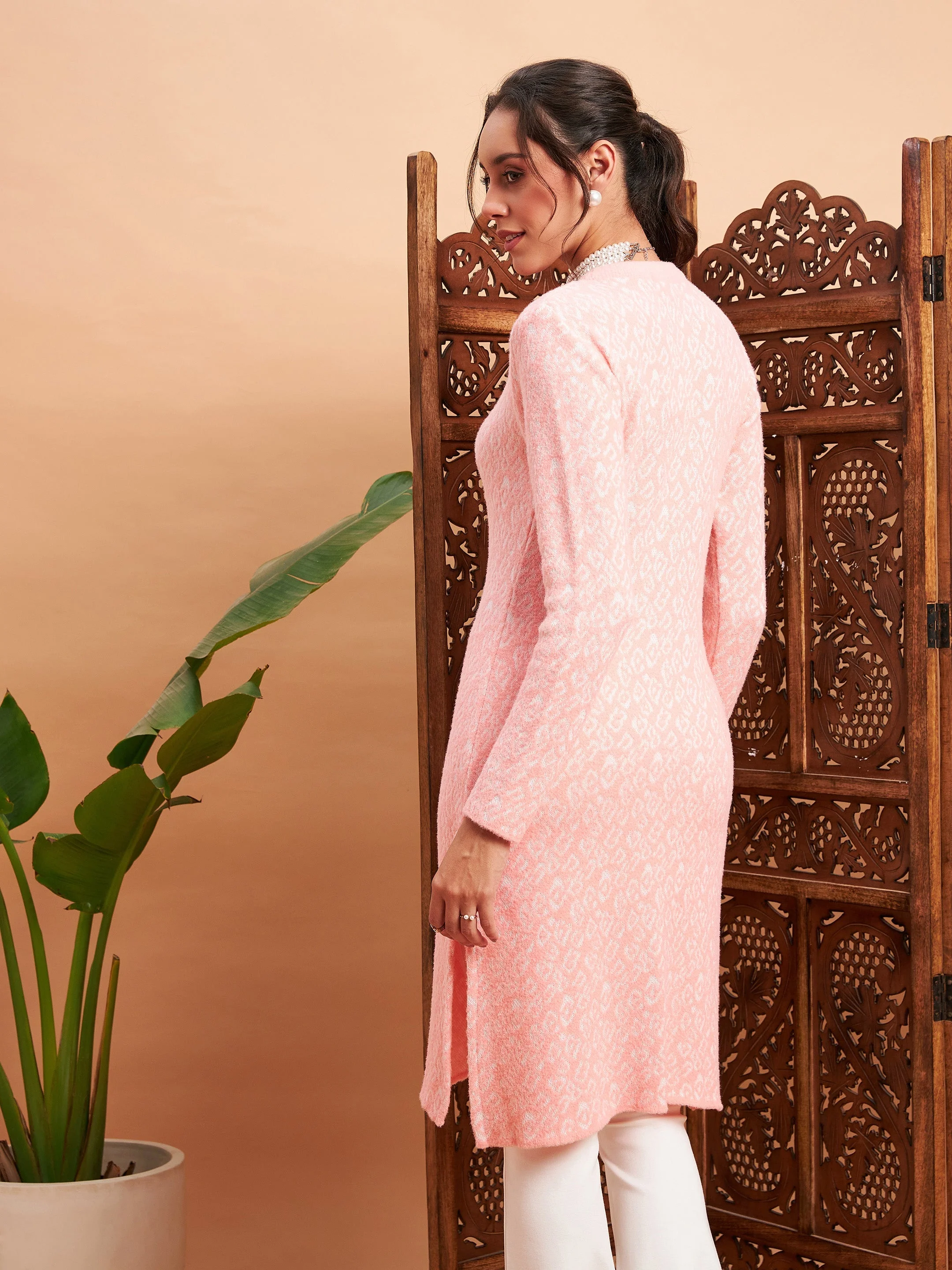Women Pink & Off White Hair Wool Straight Kurta - Image 5