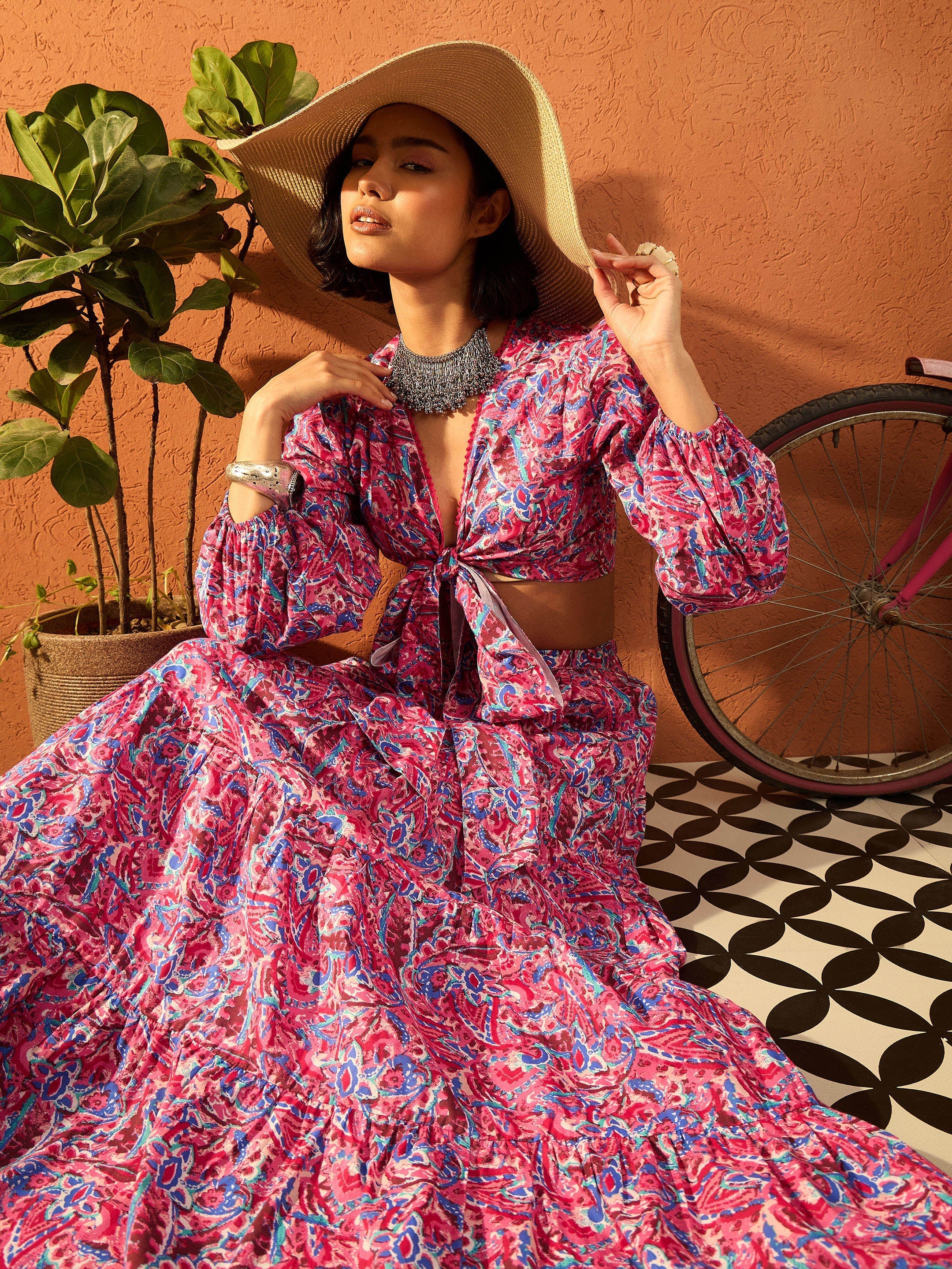 Women Pink Paisley Wrap Neck Top With Skirt - Image 3