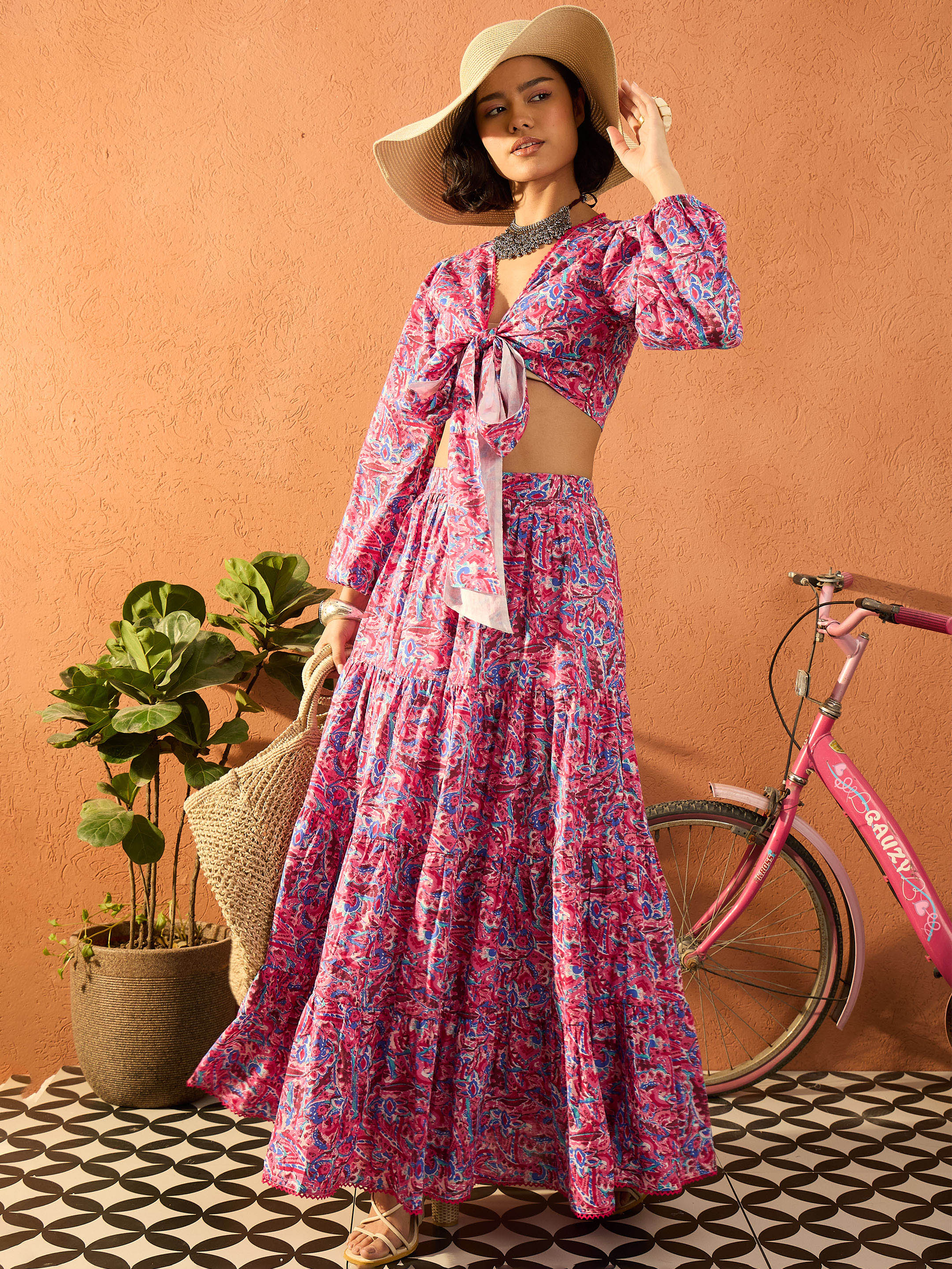 Women Pink Paisley Wrap Neck Top With Skirt - Image 4