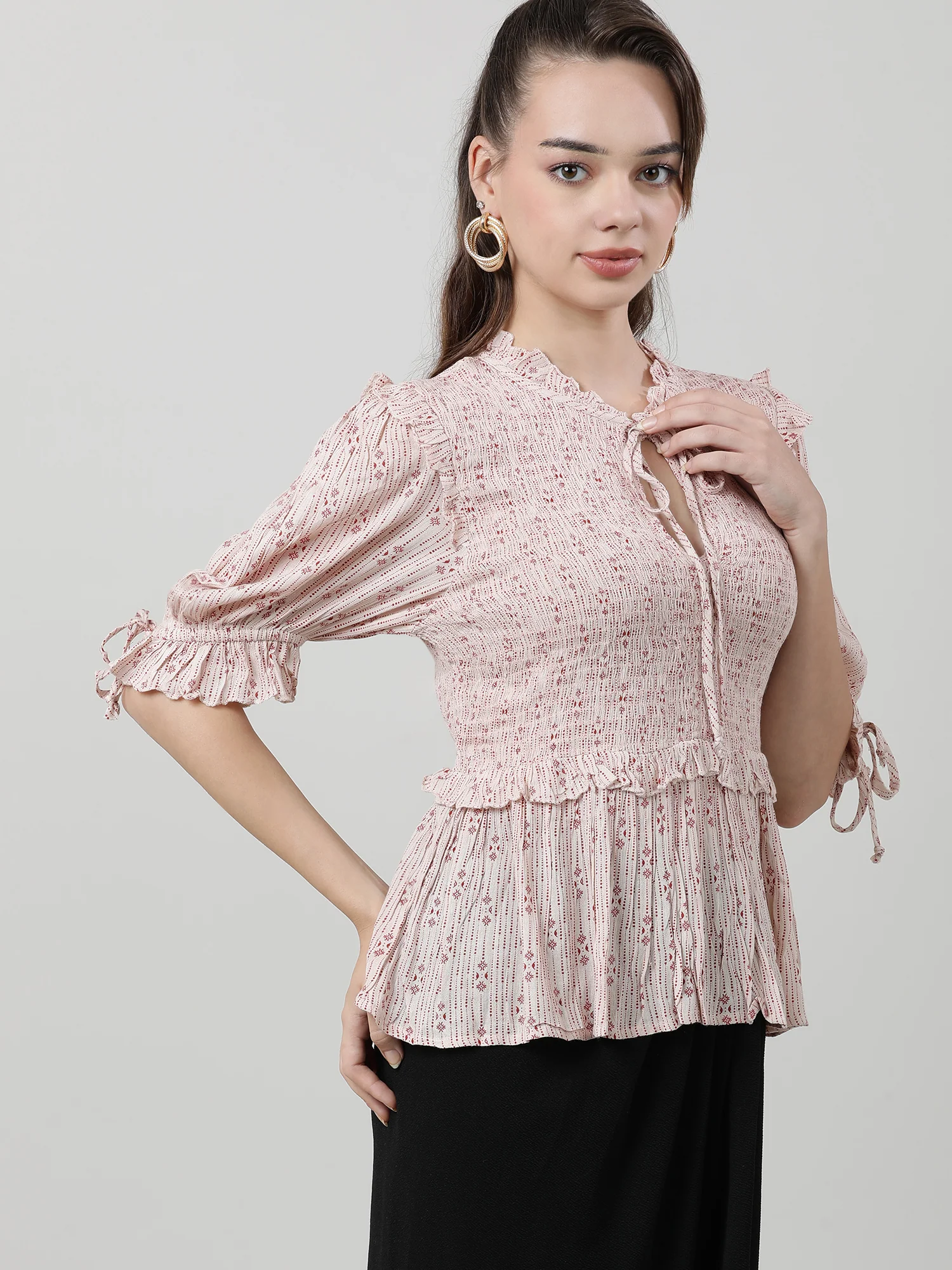 Women Pink Peplum Top With Frills - Image 3