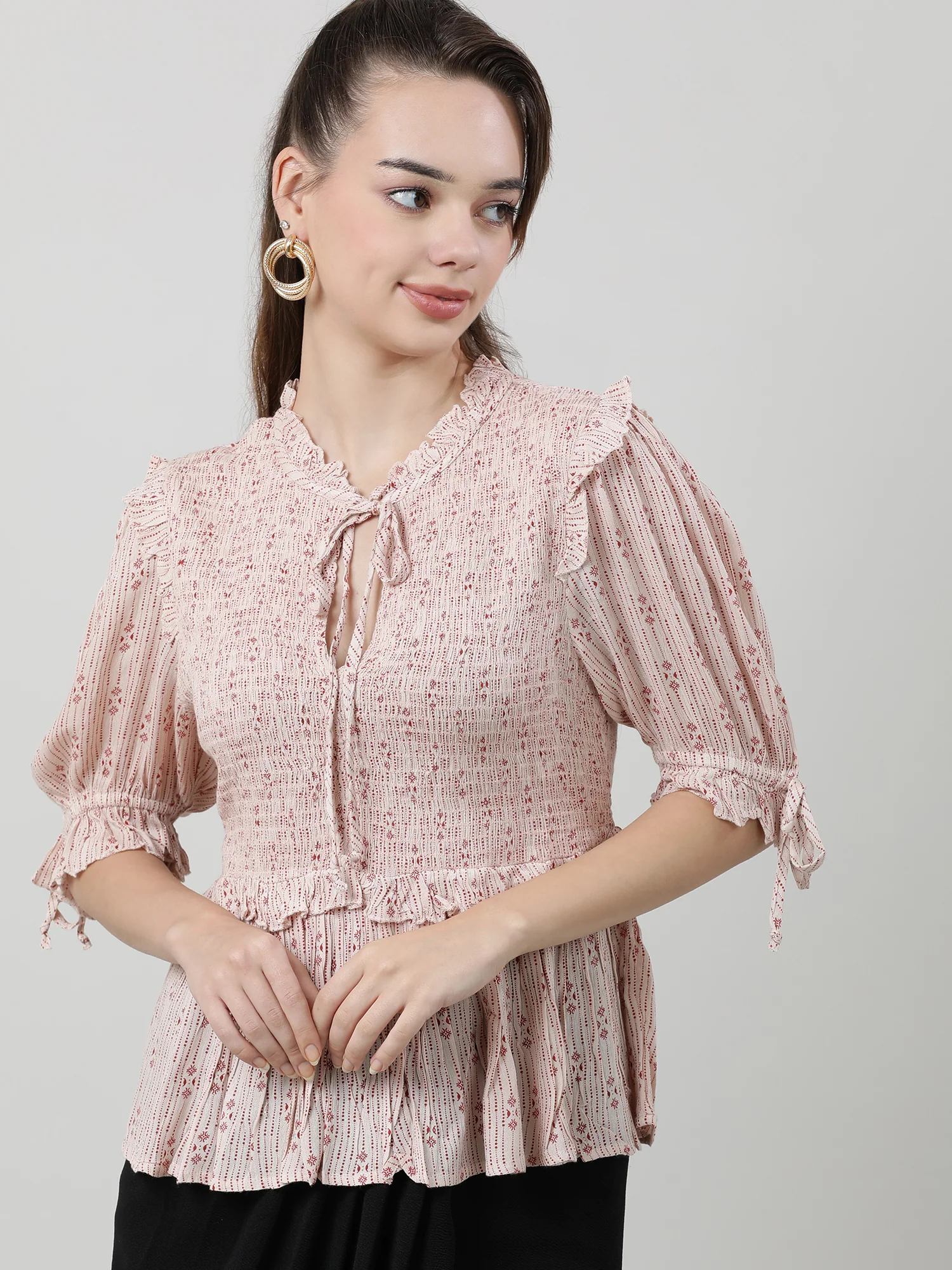 Women Pink Peplum Top With Frills - Image 4