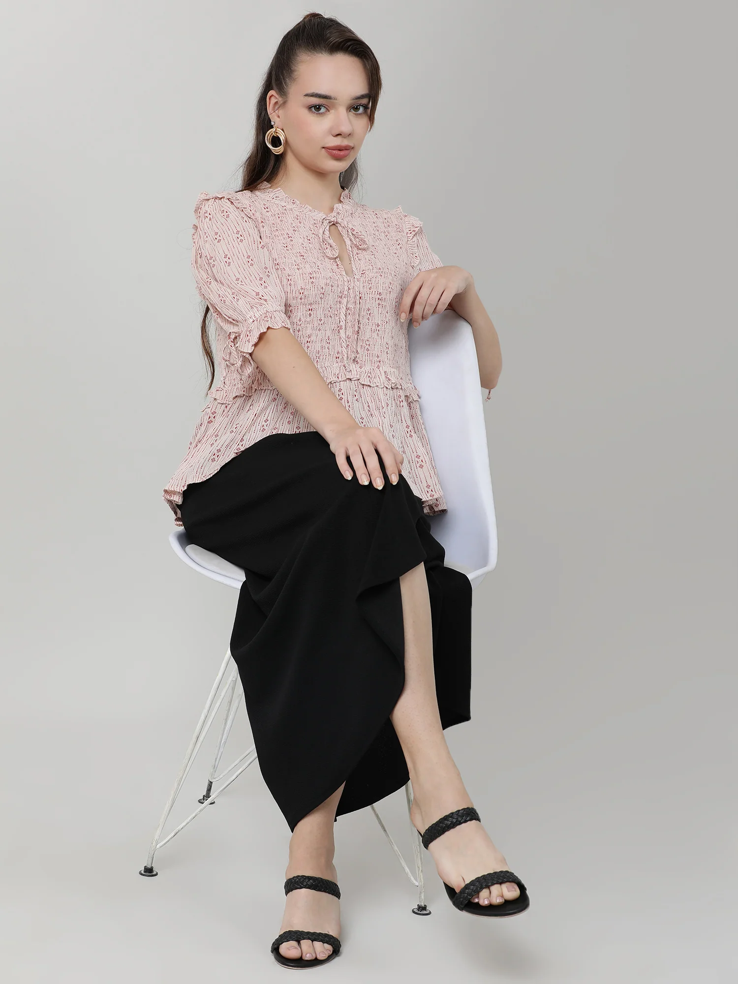 Women Pink Peplum Top With Frills - Image 7