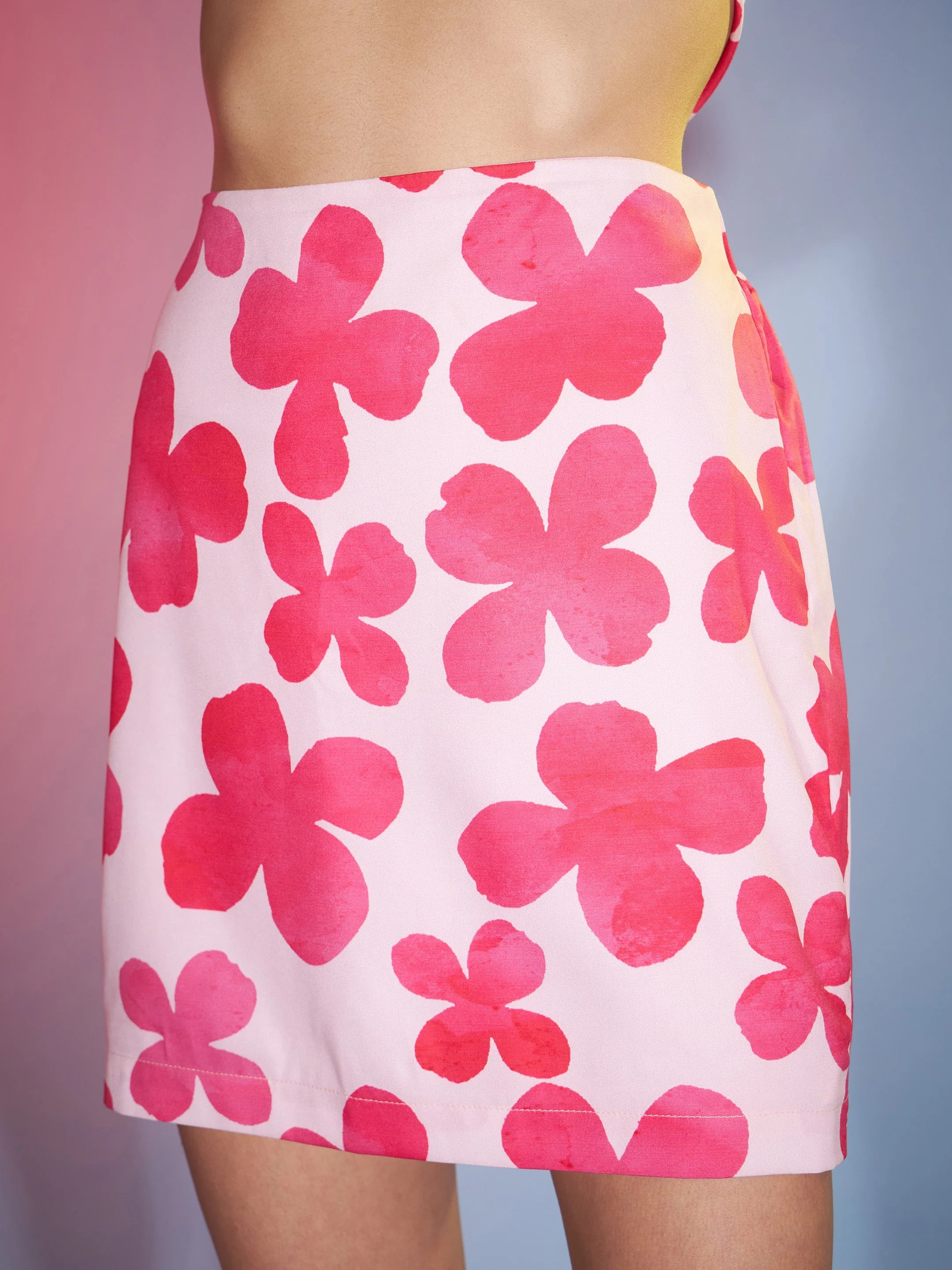 Women Pink Petal Floral Crop Shirt With Mini Skirt - Image 5