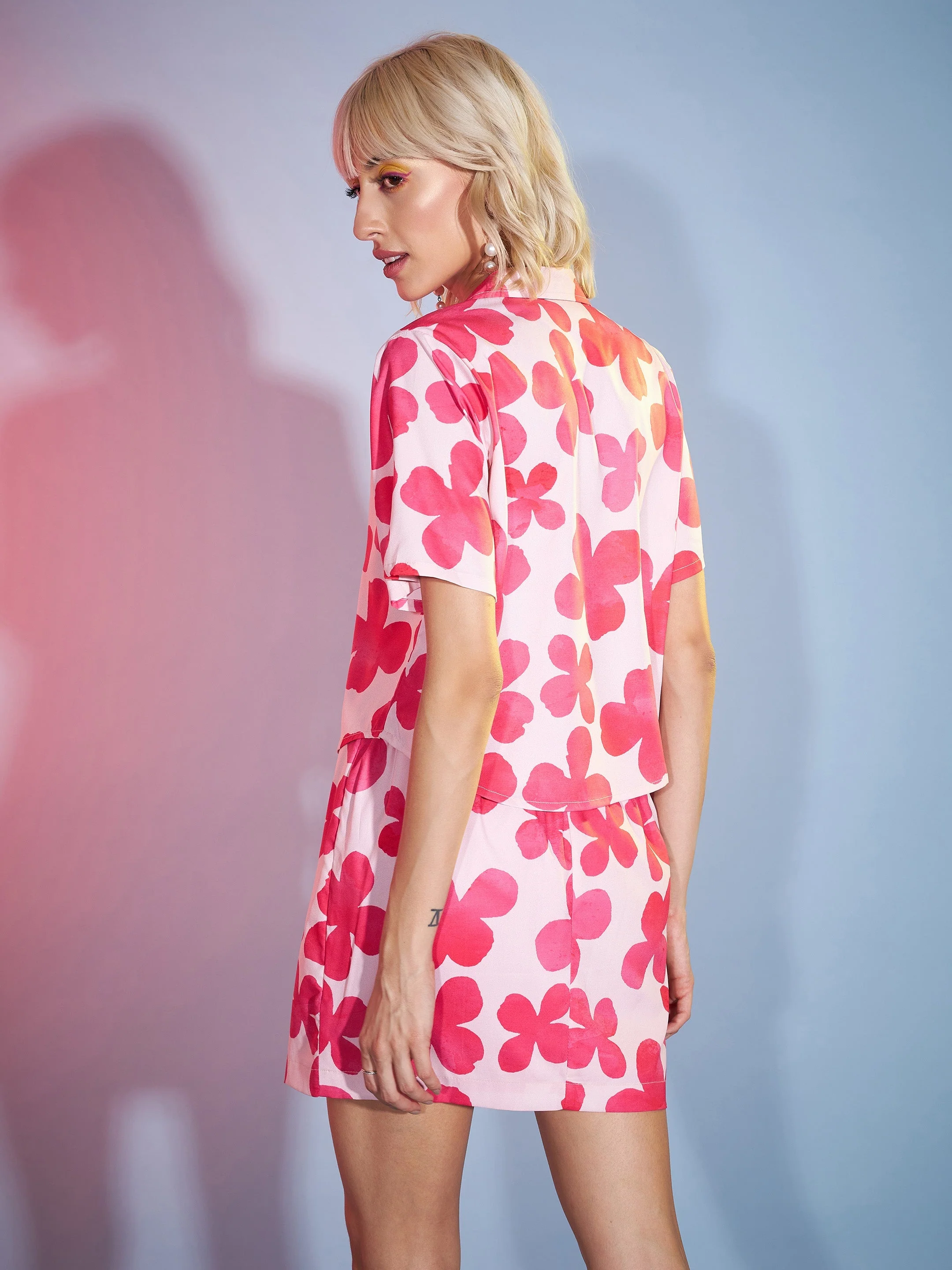 Women Pink Petal Floral Crop Shirt With Mini Skirt - Image 6