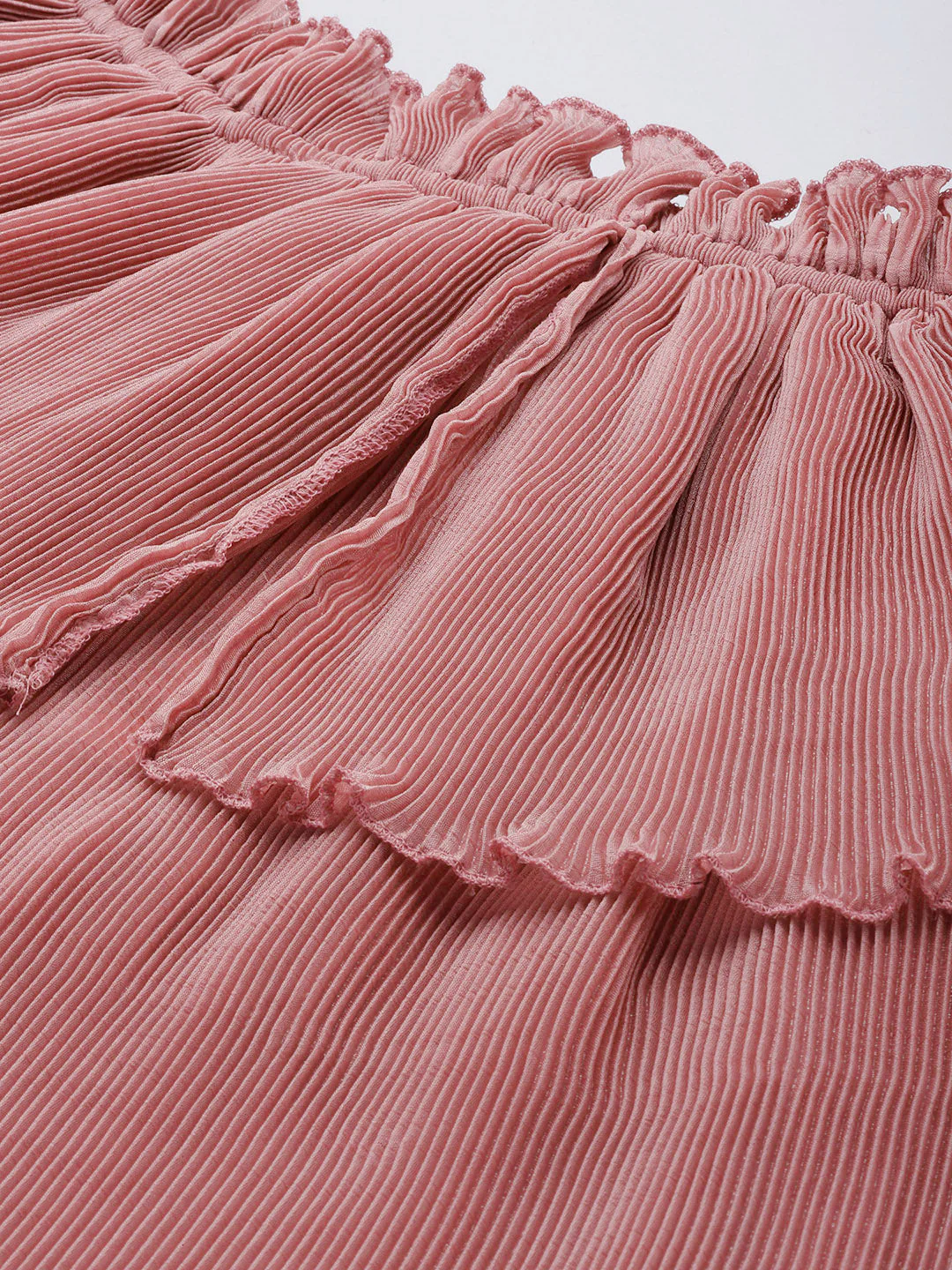 Women Pink Pleated Chinon Frill Bardot Top - Image 2