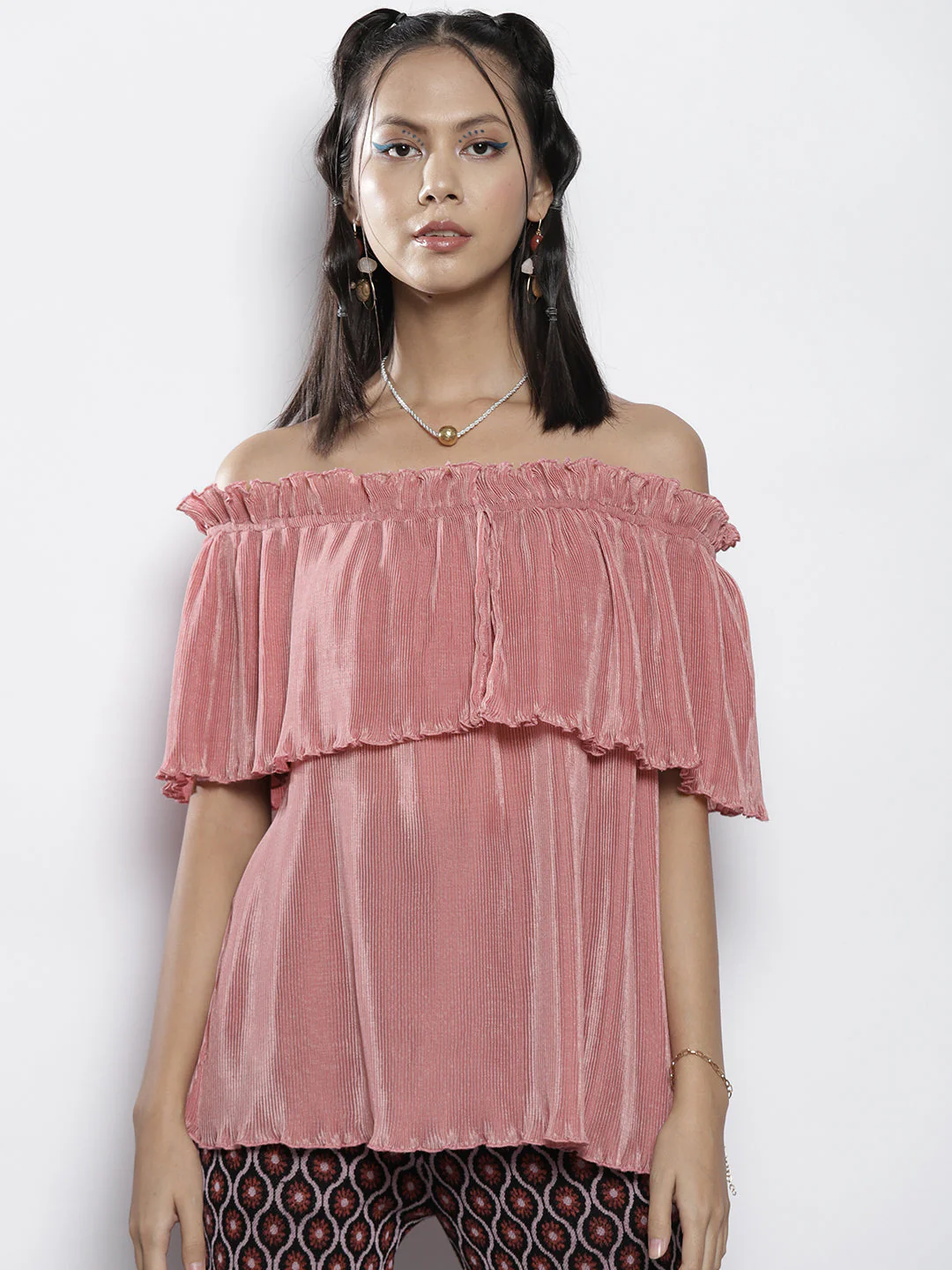 Women Pink Pleated Chinon Frill Bardot Top - Image 3