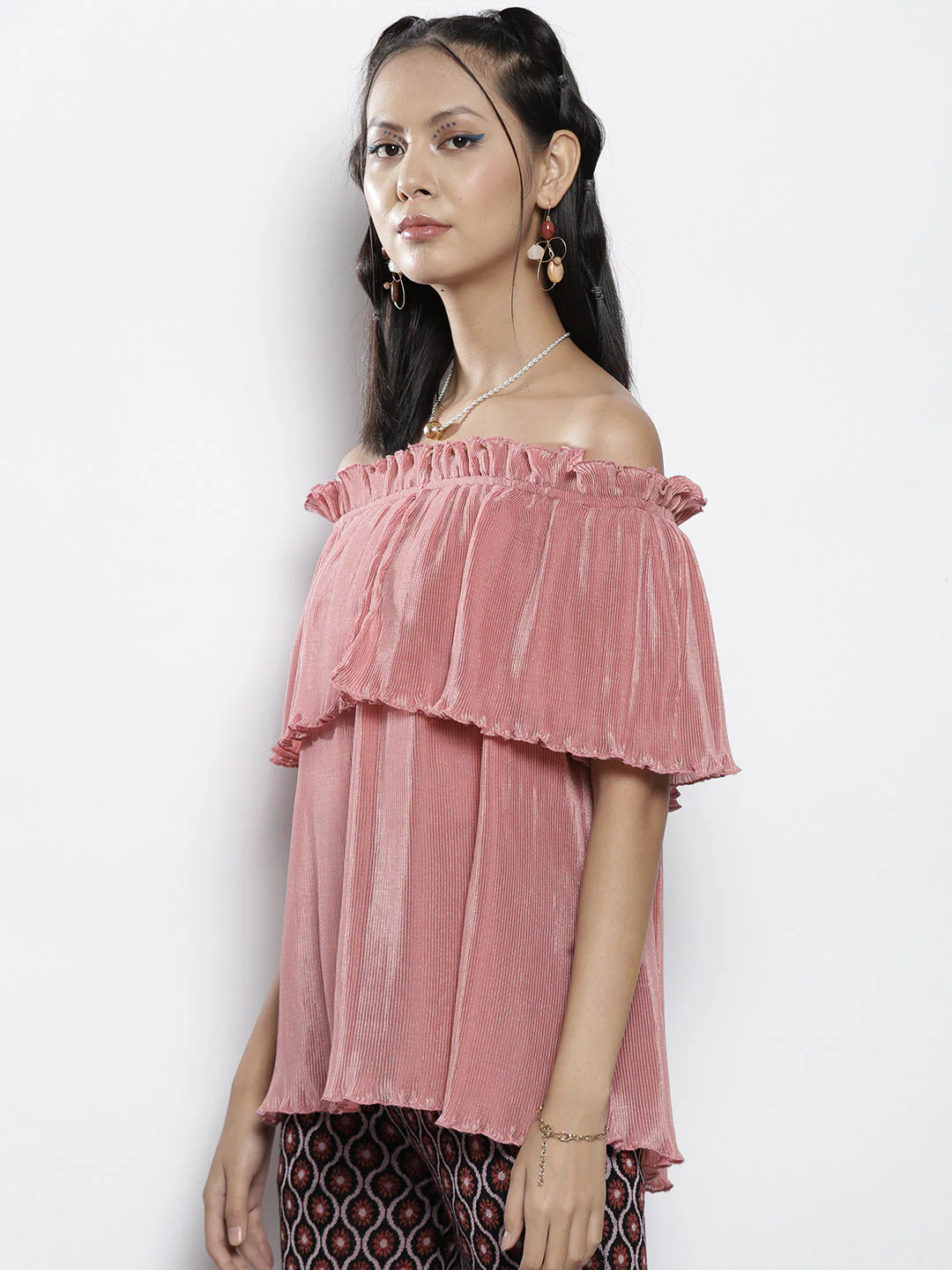 Women Pink Pleated Chinon Frill Bardot Top - Image 4