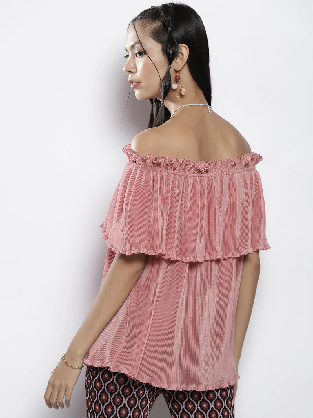 Women Pink Pleated Chinon Frill Bardot Top - Image 5