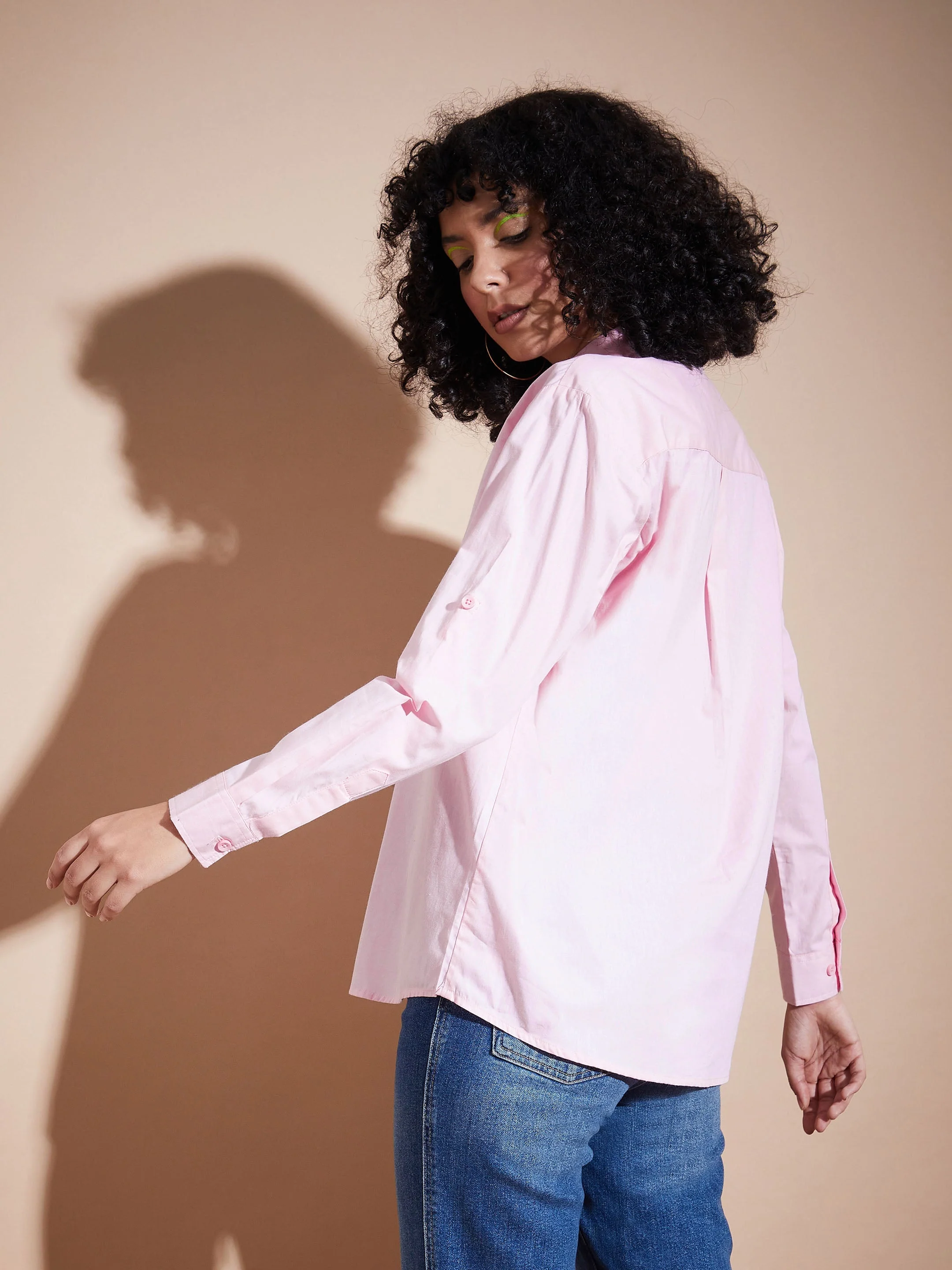 Women Pink Poplin Oversized Shirt - Image 3