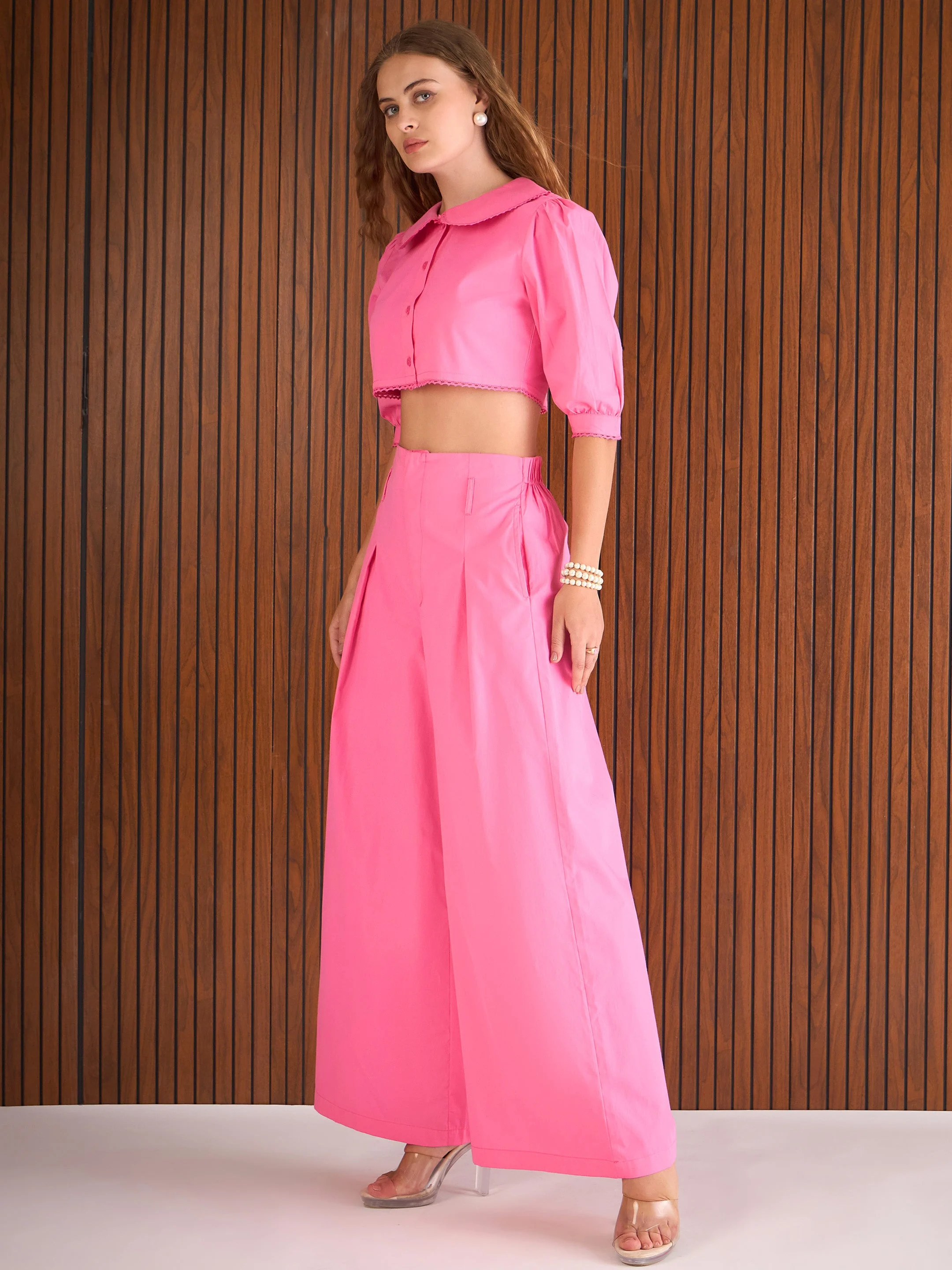 Women Pink Poplin Peterpan Collar Top With Flared Pants - Image 6