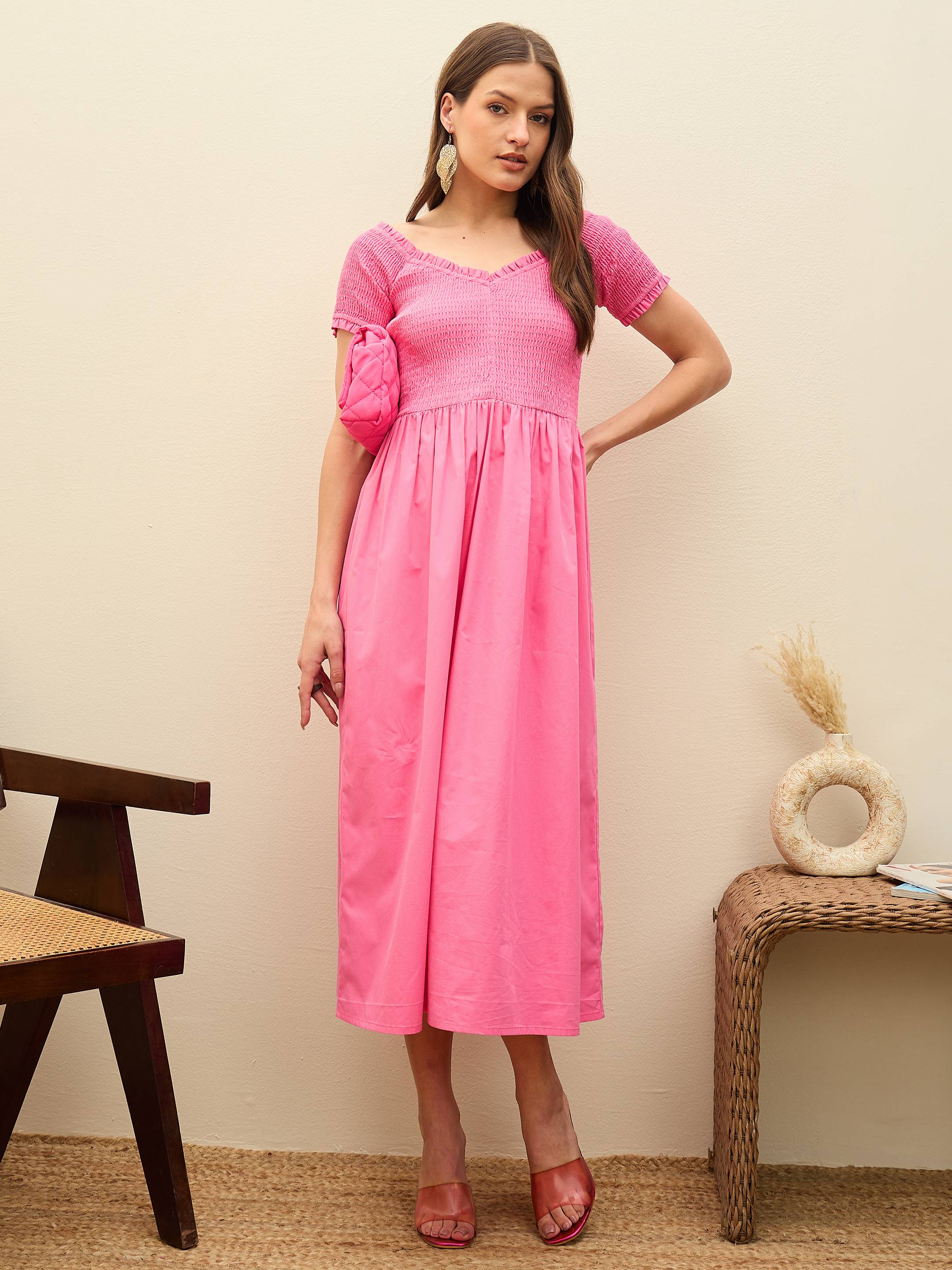 Women Pink Poplin Smocked Midi Dress - Image 2