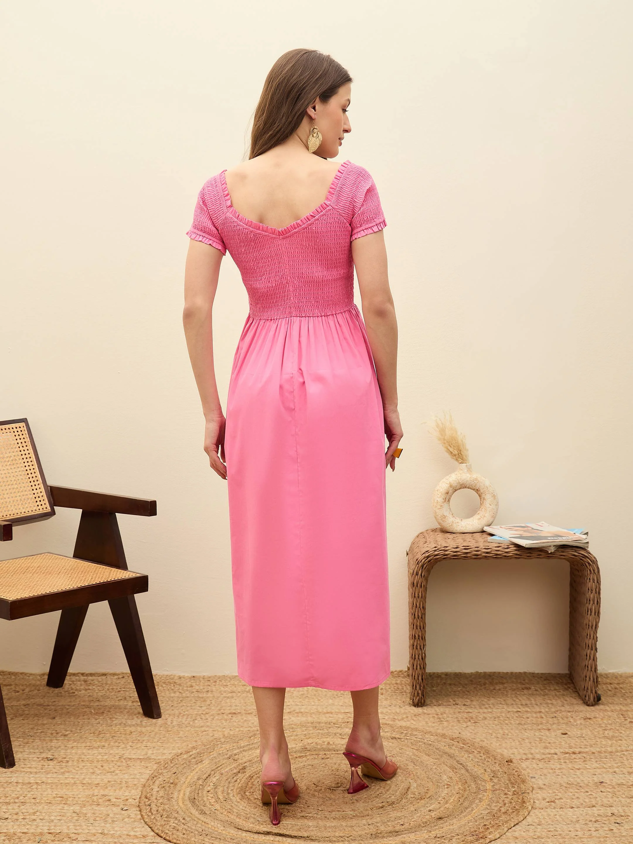 Women Pink Poplin Smocked Midi Dress - Image 5